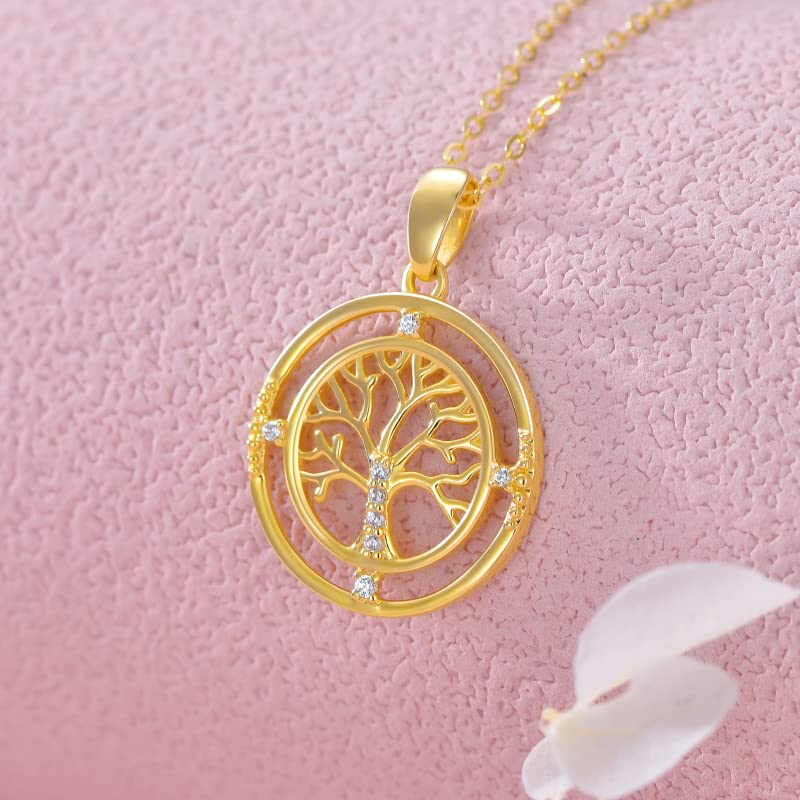 14K Real Gold Tree of Life Necklace for Women - Yellow Gold Family Tree Pendant with Cubic Zirconia - Elegant Jewelry Gift for Birthday, Christmas, Anniversary - 16+1+1 Inch - Perfect for Everyday Wear, Special Occasions & Meaningful Gifts