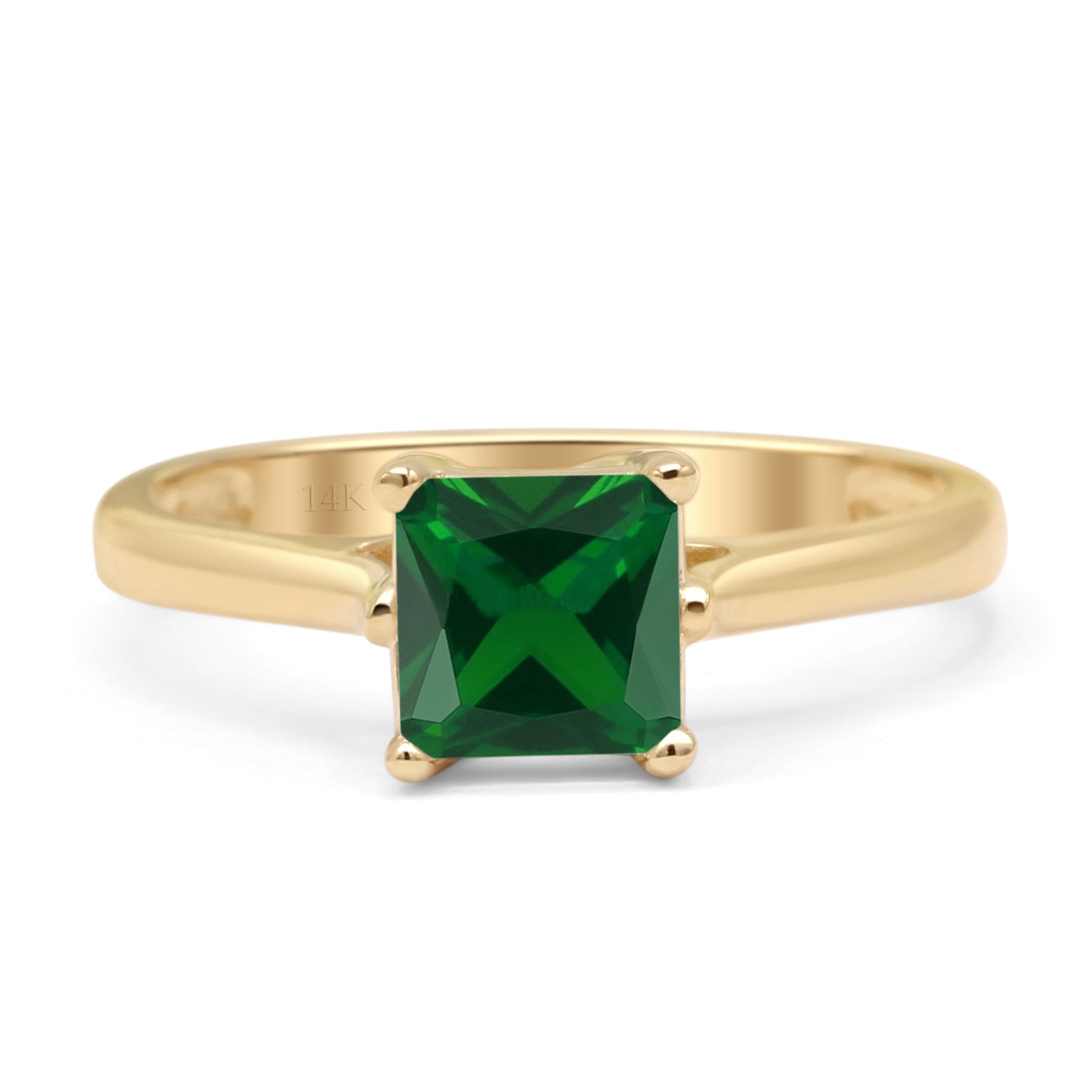 14K Yellow Gold Princess Cut Green Emerald CZ Solitaire Ring for Women - Elegant Cubic Zirconia Engagement & Wedding Jewelry Gift for Her - Perfect for Anniversaries, Proposals, and Special Occasions