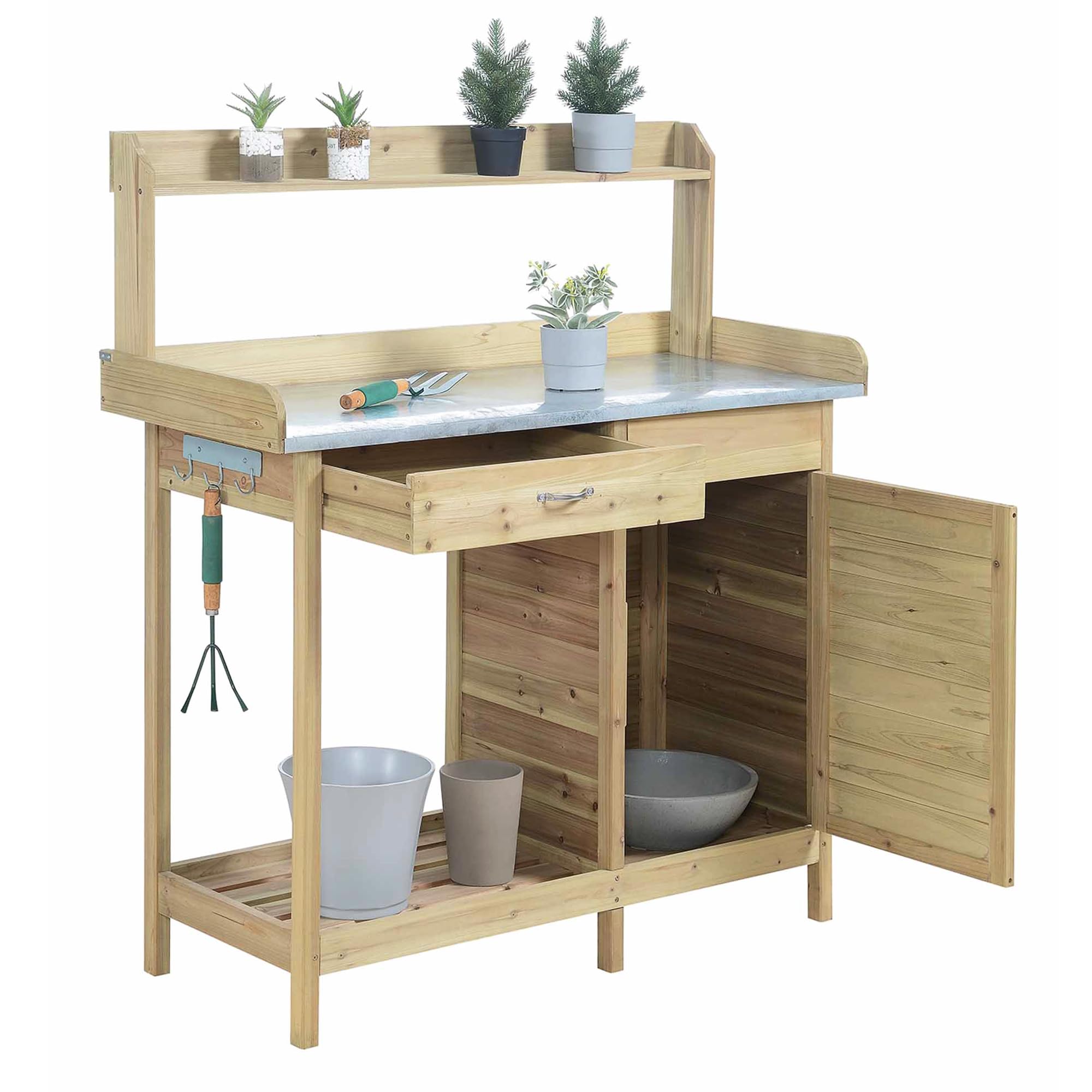 Deluxe 1 Drawer Potting Bench with Storage Cabinet & Shelves - Natural Fir Wood Garden Workstation for Planting, Gardening & Outdoor Storage