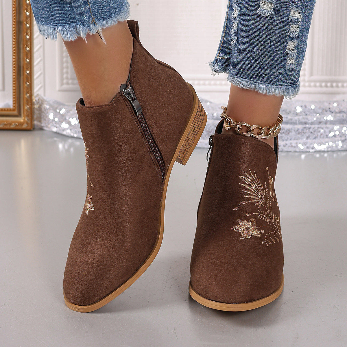 Embroidered Suede Pointed Toe Block Heel Boots for Women - Stylish & Comfortable Ankle Boots for Fall/Winter, Office, Dating & Night Out