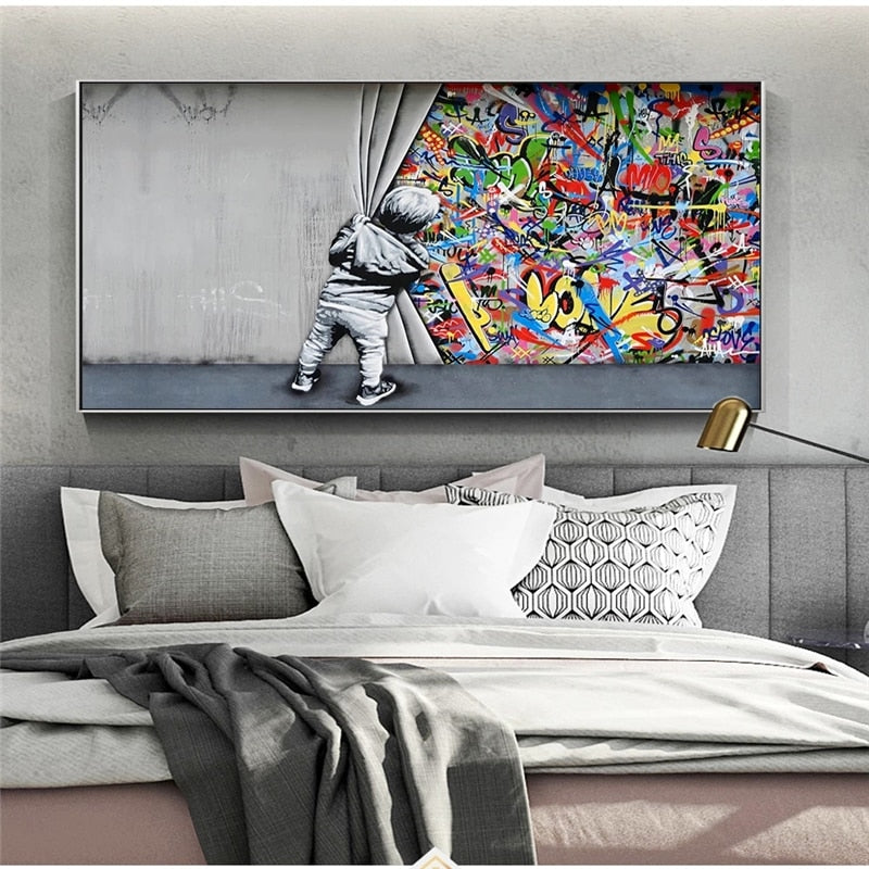 Banksy Boy Behind The Curtain Canvas Wall Art Print - Street Art Home Decor for Living Room, Bedroom & Office