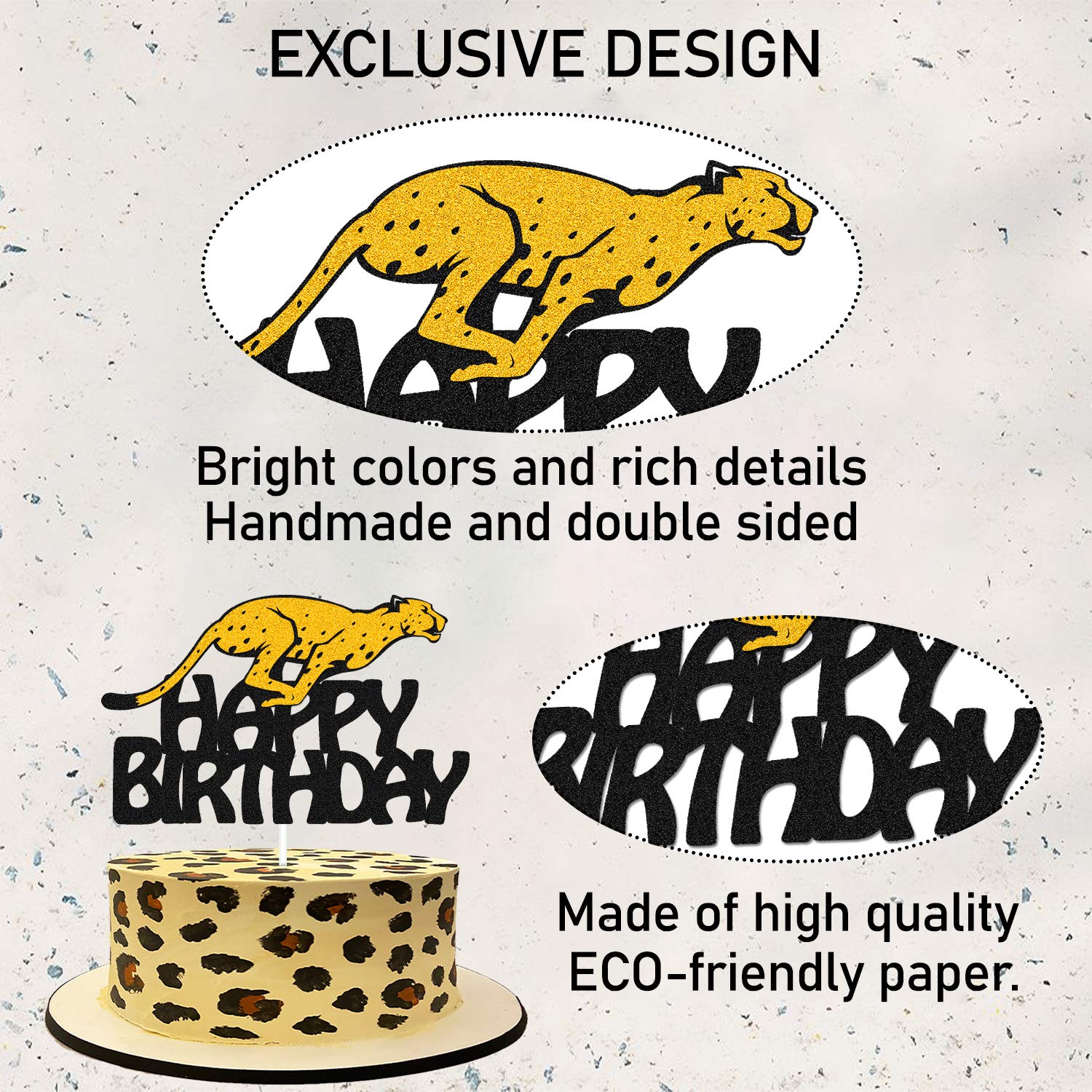 Cheetah Cake Topper - Glitter Black Animal Silhouette for Birthday Cake Decorations | Happy Birthday Party Supplies for Kids, Boys & Girls | Perfect for Jungle Theme, Wild Animal Birthday Parties & Cake Decorating