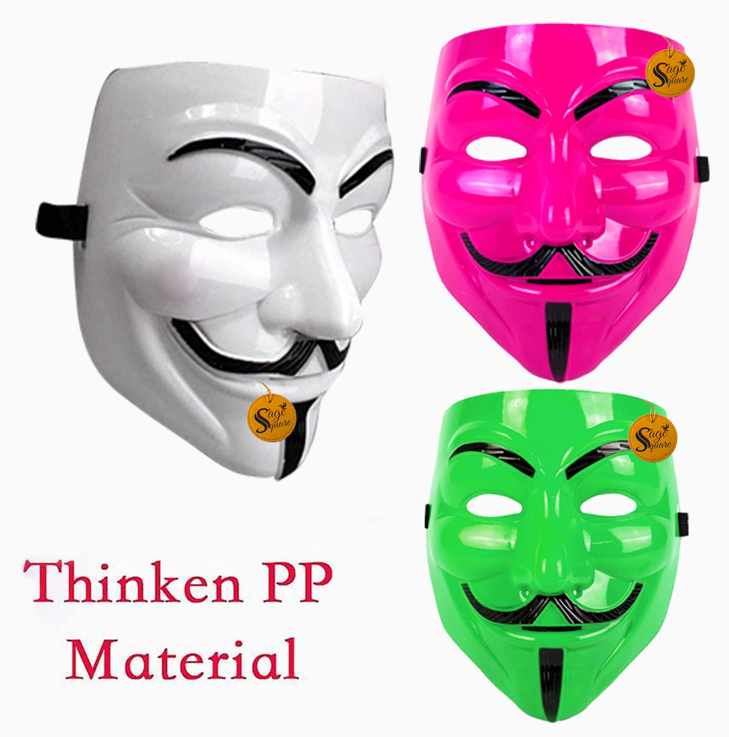 V for Vendetta Anonymous VIP Edition Face Mask - Sage Square Golden, Pink & White Set of 3 - Perfect Fit Cosplay & Halloween Costume Accessory - Protest, Movie Theme Party, and LARP Events