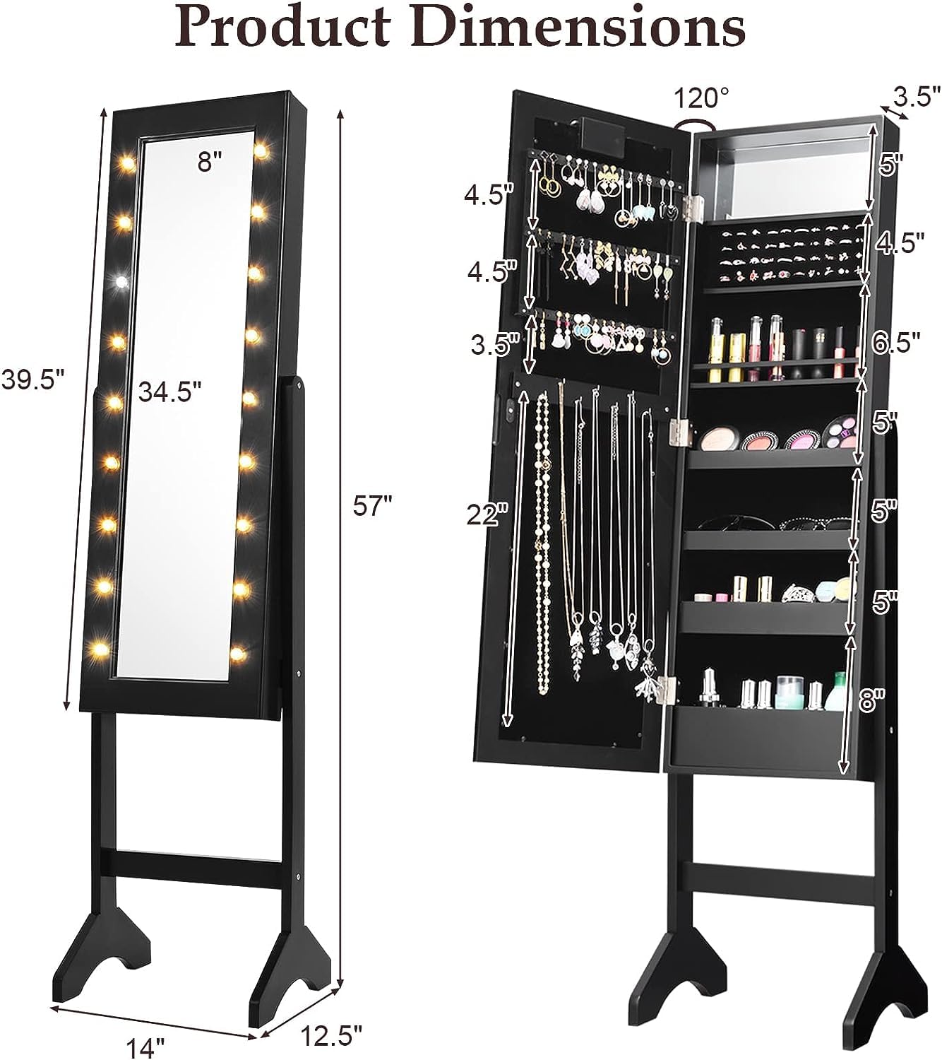 **LDAILY Standing Jewelry Armoire with 18 LED Lights - Mirrored Jewelry Cabinet Organizer for Necklaces, Earrings & Accessories - Full-Length Mirror with Large Storage for Women & Girls (Black) - Perfect for Bedroom, Closet & Dressing Room**