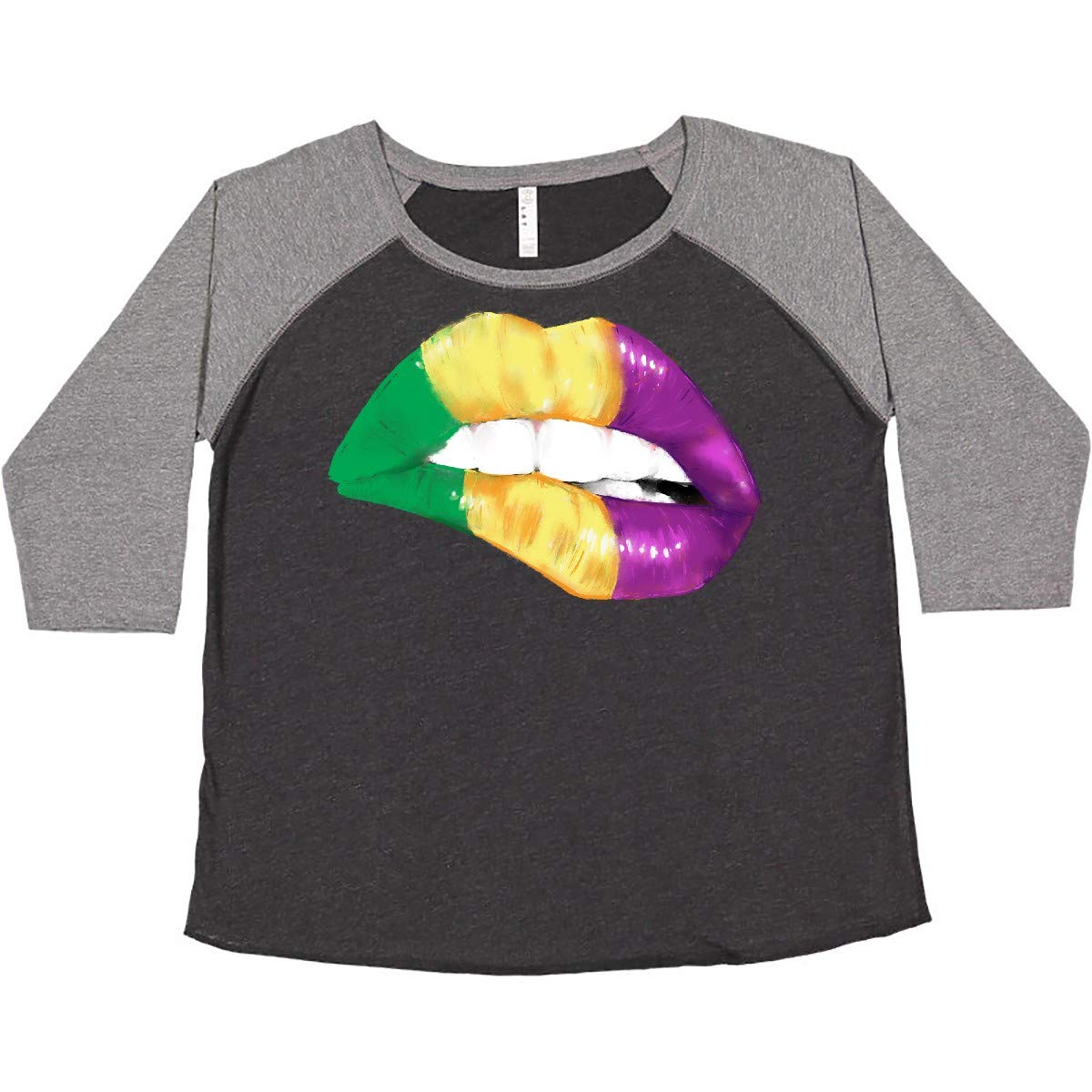 Inktastic Mardi Gras Biting Lips Graphic Tee - Green & Gold Women's Plus Size T-Shirt for Festivals, Parties & Casual Wear