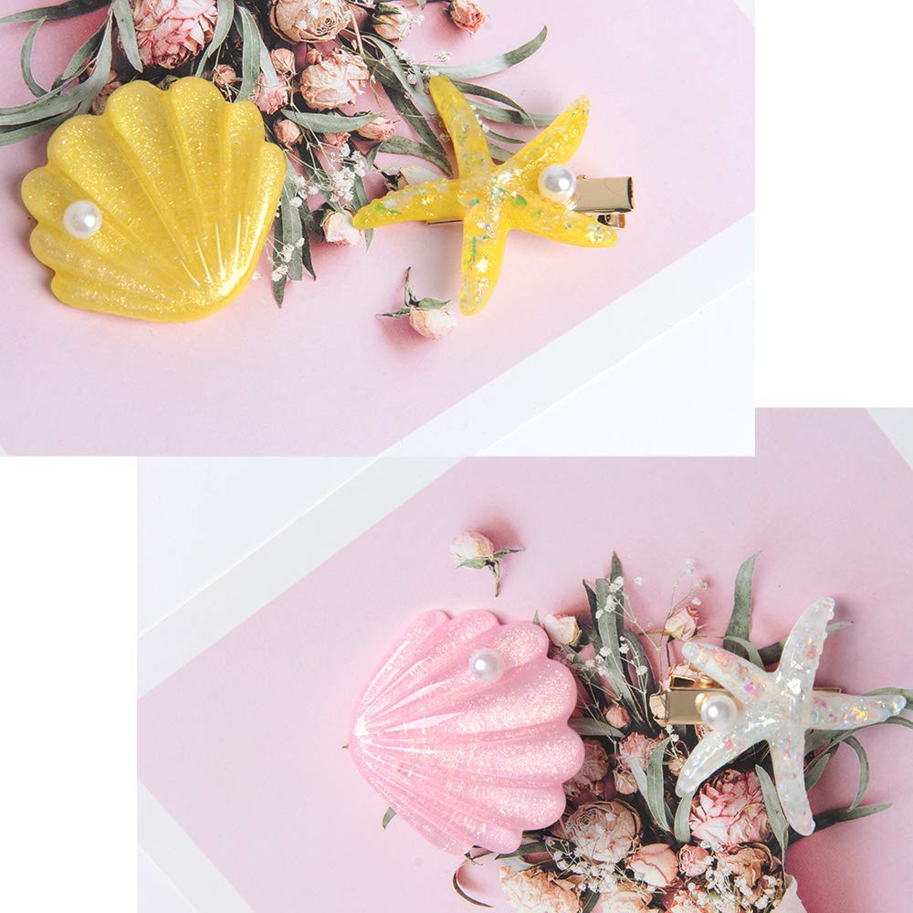 4 Packs Shell Pearl Starfish Hair Clips Set - Fashion Sweet Beach Hair Accessories for Women, Acrylic Resin Alligator Clips with Faux Pearl Inlay - Perfect for Summer Vacations, Beach Weddings & Boho Styling