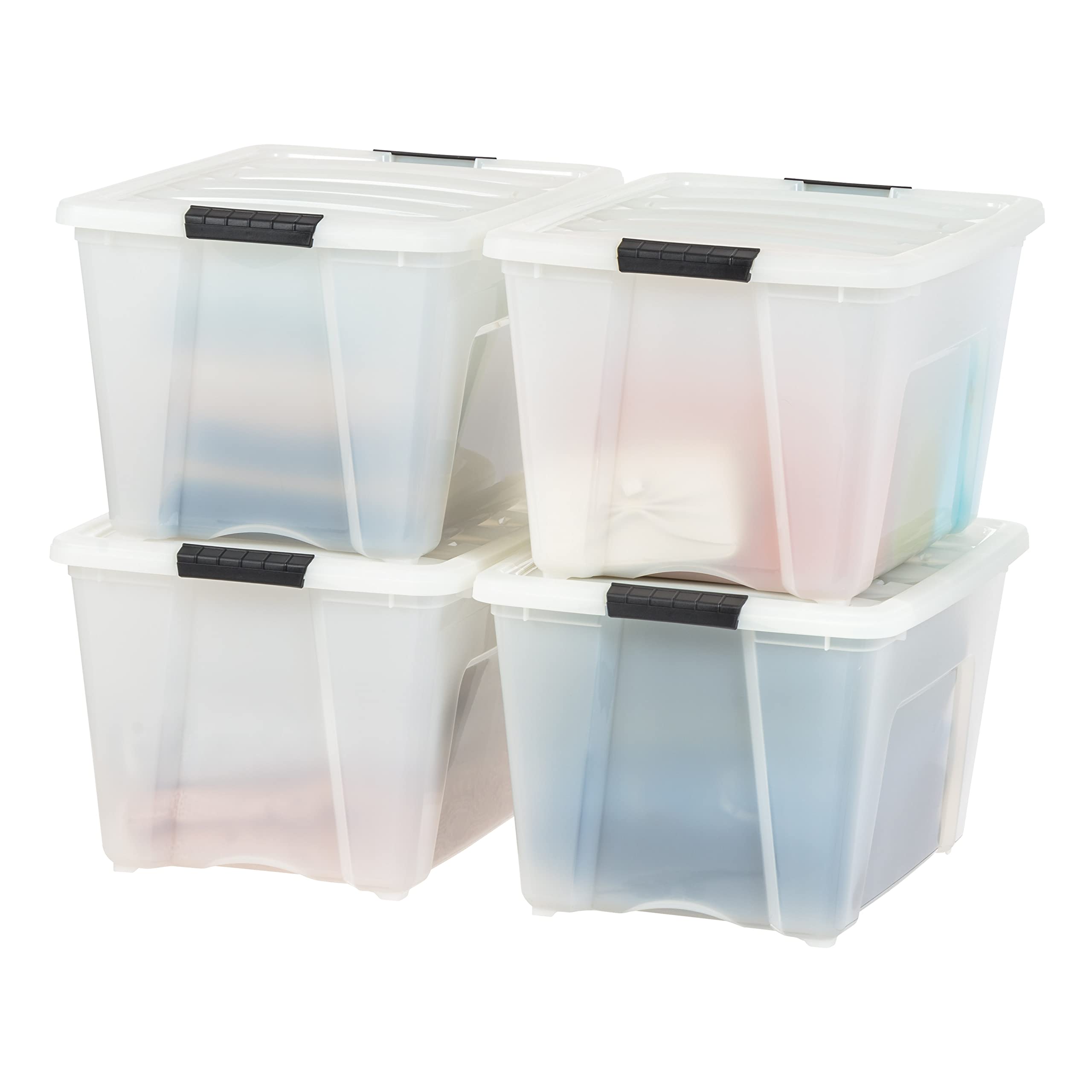 IRIS USA 54 Qt Stackable Plastic Storage Bins with Lids, 4 Pack - BPA-Free, Made in USA - Durable Nestable Containers with Secure Pull Handle & Latches - Perfect for Home Organization, Closet Storage, Garage & Office Use - Pearl