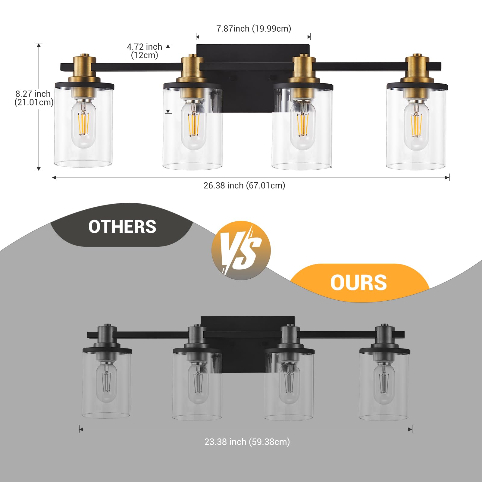 4-Light Black and Gold Bathroom Vanity Light Fixture with Clear Glass Shade - Modern Matte Black & Brushed Gold Copper Accent Lighting for Bathroom Mirror - Perfect for Powder Room, Master Bath, or Spa-Like Retreat