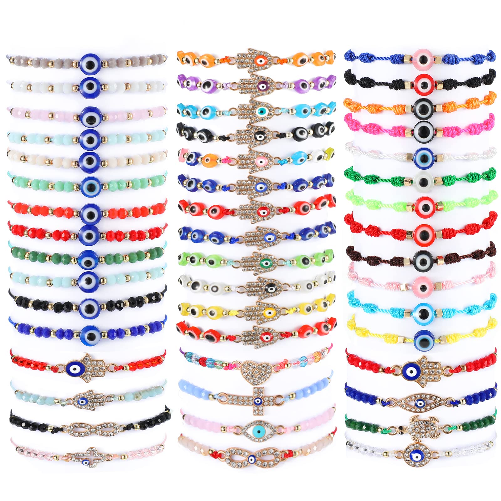 48 Pcs Adjustable Evil Eye Bracelets for Women & Men - Lucky Charm Beaded String Knot Bracelet Set, Mexican Style Protection Jewelry for Girls, Boys, Anklets - Perfect for Gifts, Parties & Spiritual Protection