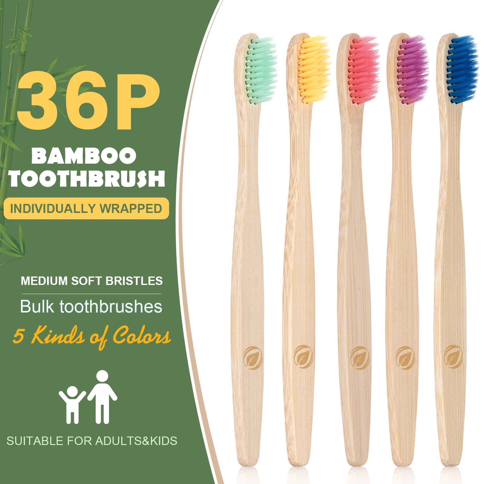 36 PCS Bamboo Toothbrushes for Kids - Eco-Friendly Natural Wooden Toothbrushes Bulk Pack, BPA Free Soft Bristles, Individually Wrapped | Perfect for Home, Travel, School & Dental Offices
