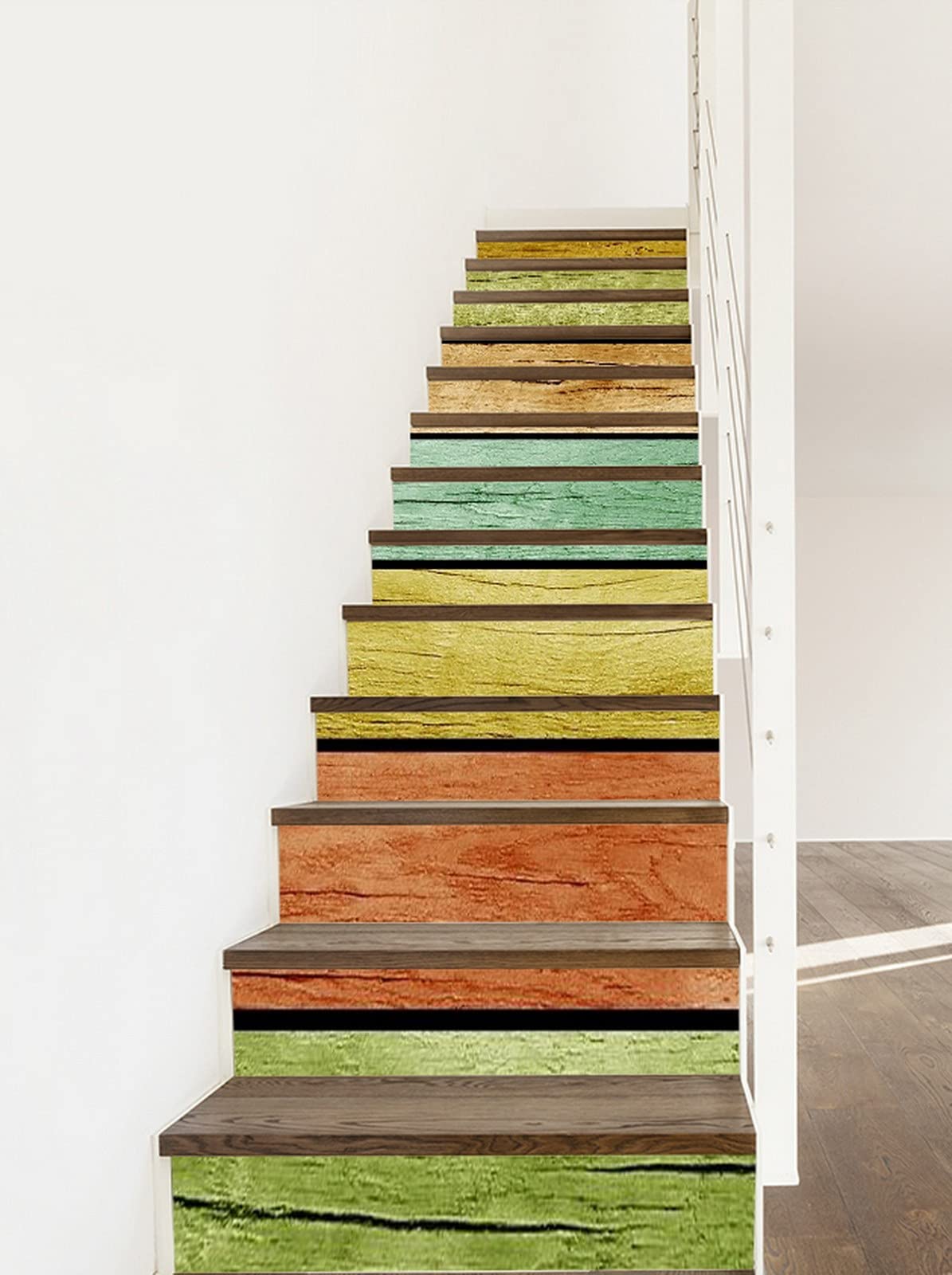 A.Monamour 3D Self-Adhesive Removable Stair Stickers - Colorful Wooden Plank Vinyl Decals for Stairs, Kitchen Tiles & Walls (13-Piece Set) - Perfect for Home Decor, DIY Projects & Rental Apartment Upgrades