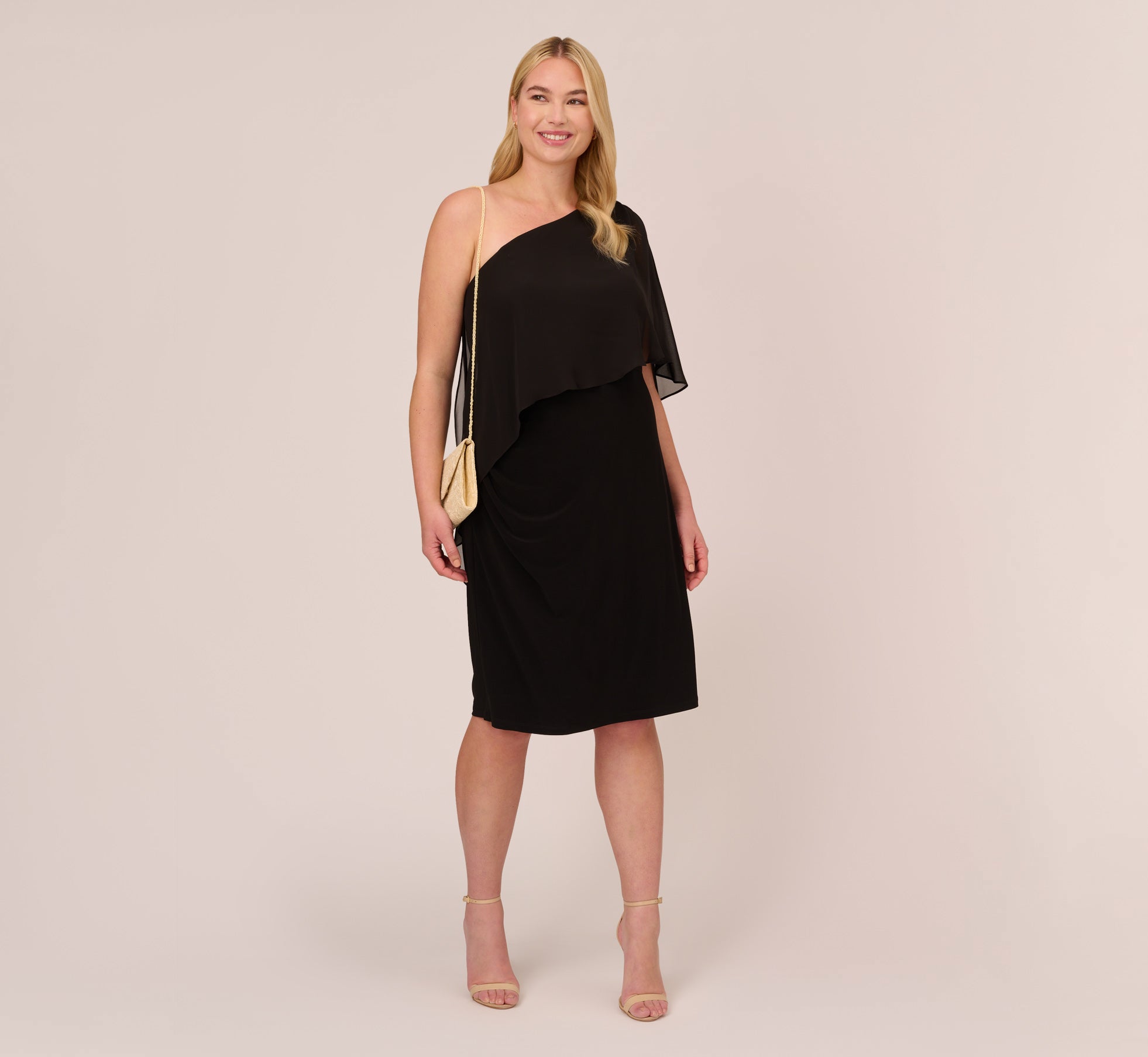 Elegant Plus Size One Shoulder Dress with Flowy Chiffon Cape - Black | Formal Evening Gown for Women | Perfect for Weddings, Prom & Special Occasions