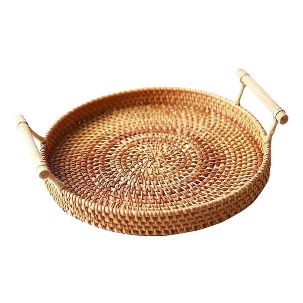 Round Rattan Woven Dinner Plate with Handle - Natural Wicker Serving Tray for Breakfast, Fruit, Bread - Perfect for Dining Table, Coaster, Pots & Teapot - Ideal for Home Decor, Picnics, and Outdoor Dining