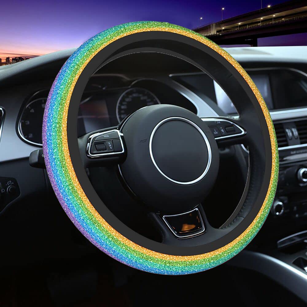 Swono Rainbow Glitter Steering Wheel Cover - Non-Slip Neoprene Car Wrap, 15 Inch, Colorful Gradient Sparkle Design for Comfort Grip & Protection | Perfect for Cars, Trucks & SUVs - Adds Style & Safety to Your Daily Commute