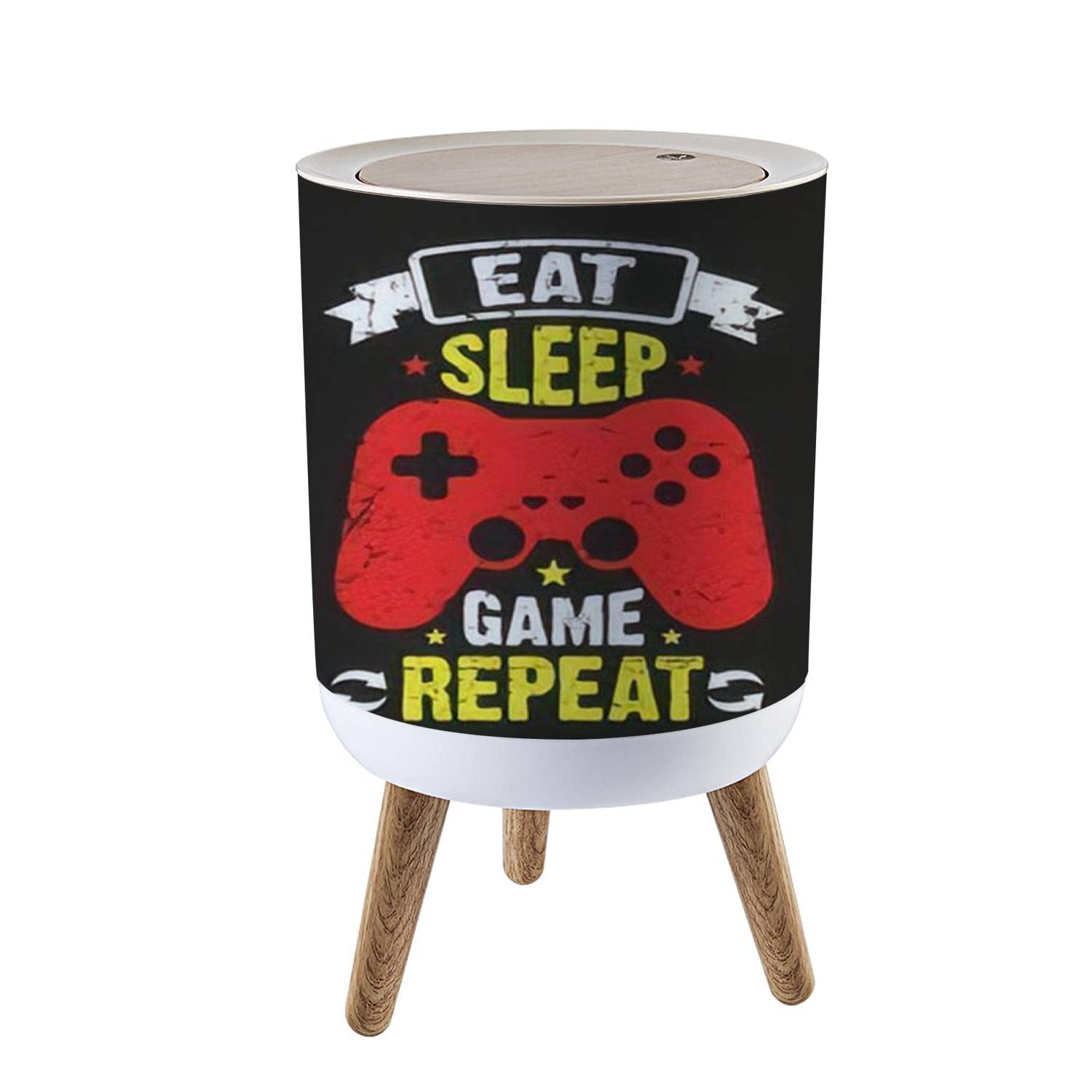Small Trash Can with Lid - 1.8 Gallon Round Waste Bin with Press Cover & Gaming Typographic Quotes Design | Dog Proof Garbage Bin for Kitchen, Bathroom, Living Room | Perfect for Gaming Rooms, Home Offices & Dorm Rooms