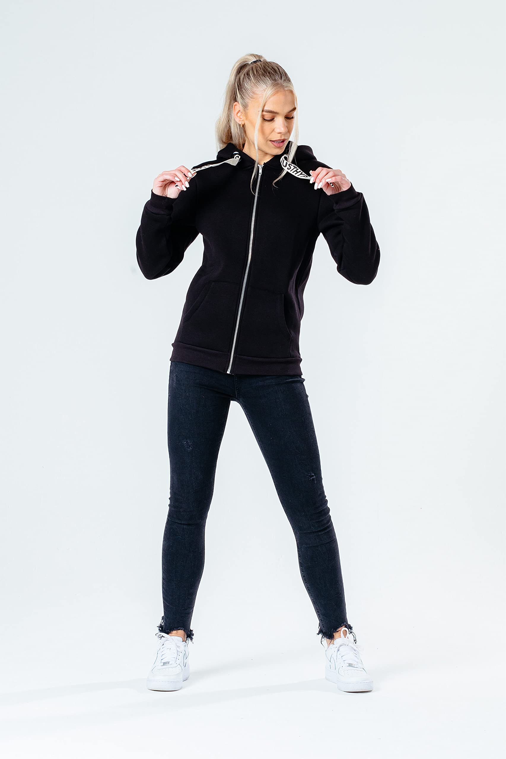 Trendy Black Drawstring Women's Zip Hoodie - Stylish & Comfortable for Casual Wear, Gym, and Outdoor Activities