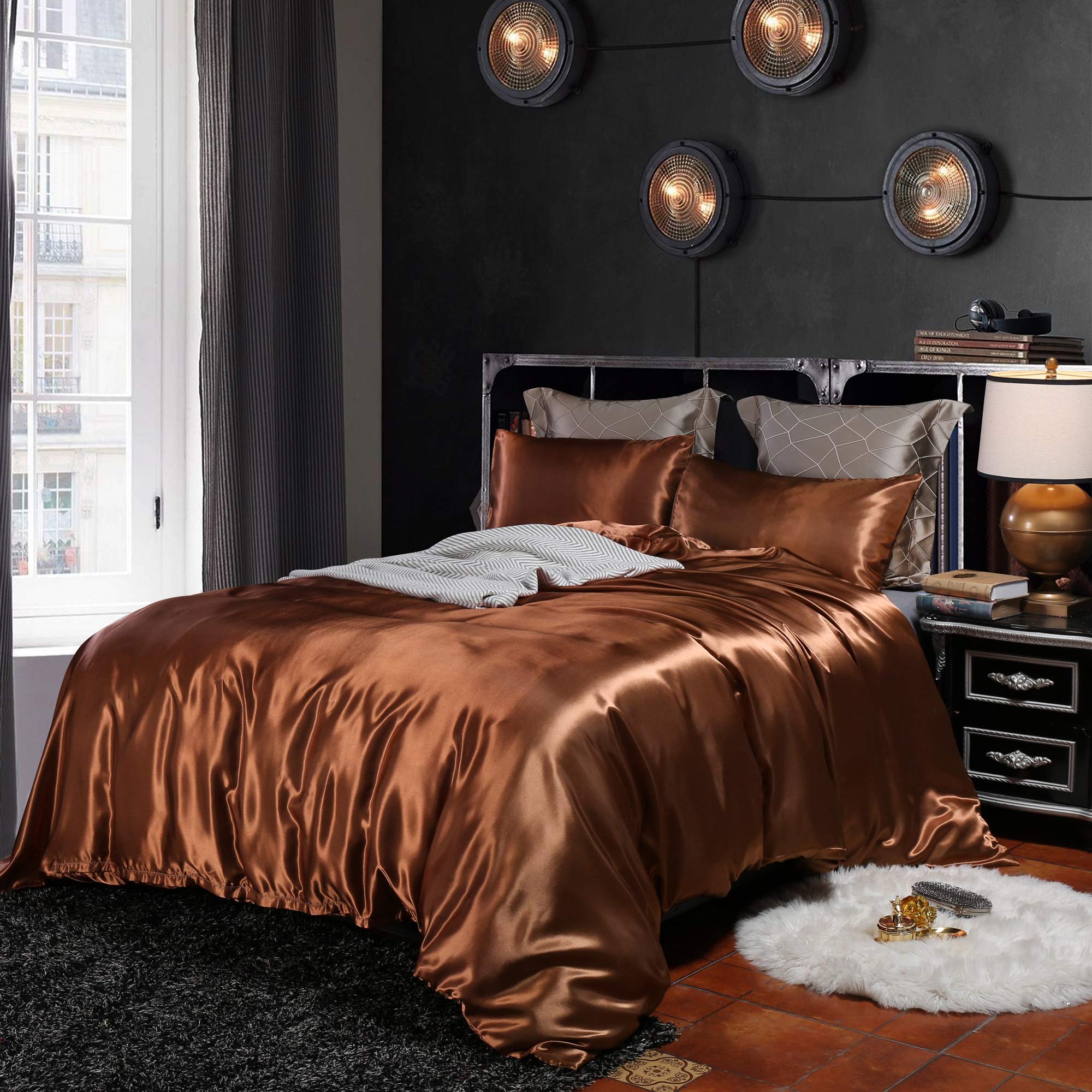 Ultra Soft Silky Satin Duvet Cover - 1 Piece Hotel Quality Comforter Cover with Button Closure & Corner Ties - Twin/Twin XL Size in Elegant Brown - Perfect for Bedroom, Guest Room & Luxury Hotel Styling