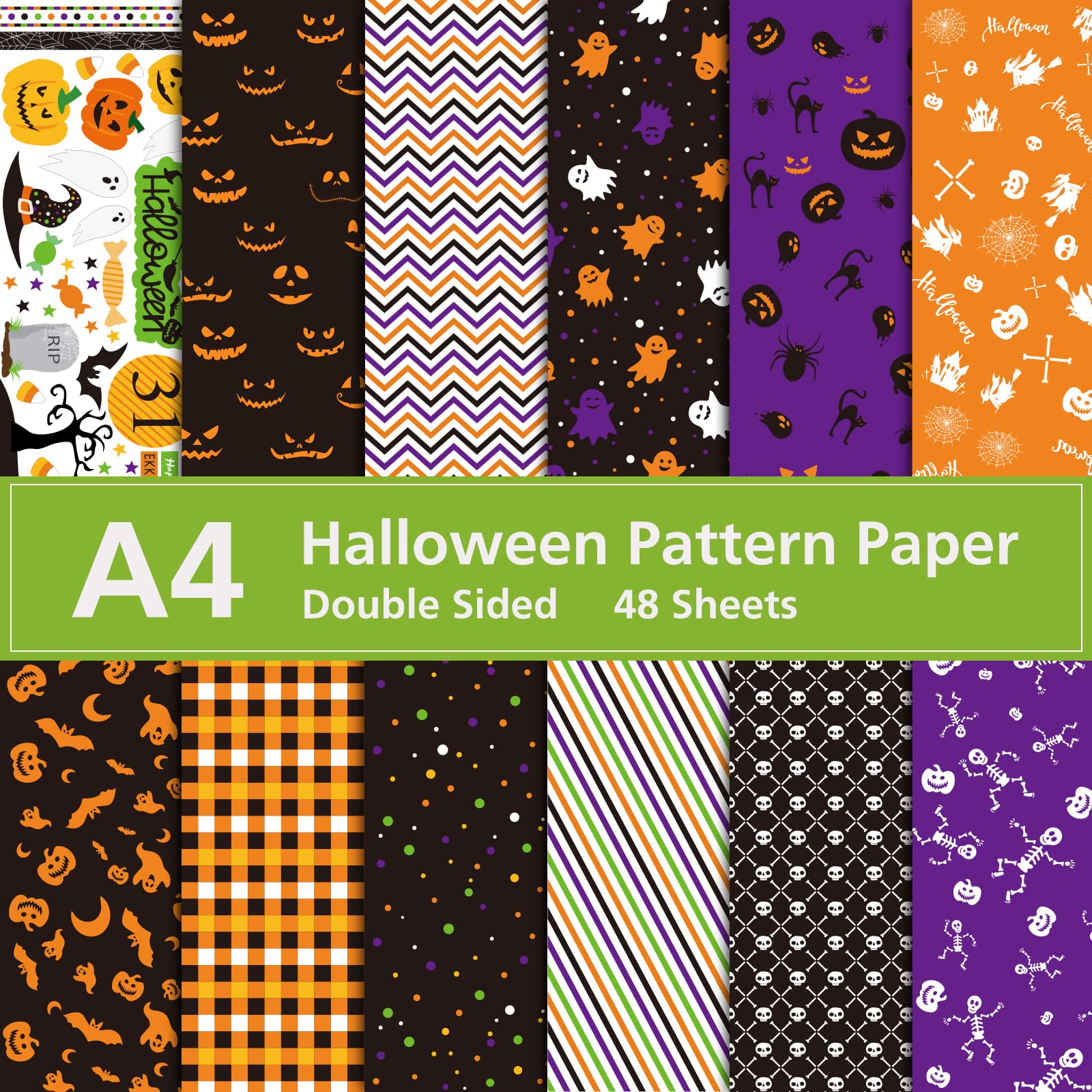 MIAHART 48-Sheet Halloween Pattern Paper Set - A4 Size Decorative Craft Paper for Card Making, Scrapbooking, Origami & DIY Projects - 12 Festive Designs for Halloween Party Decorations, Gift Wrapping & School Crafts