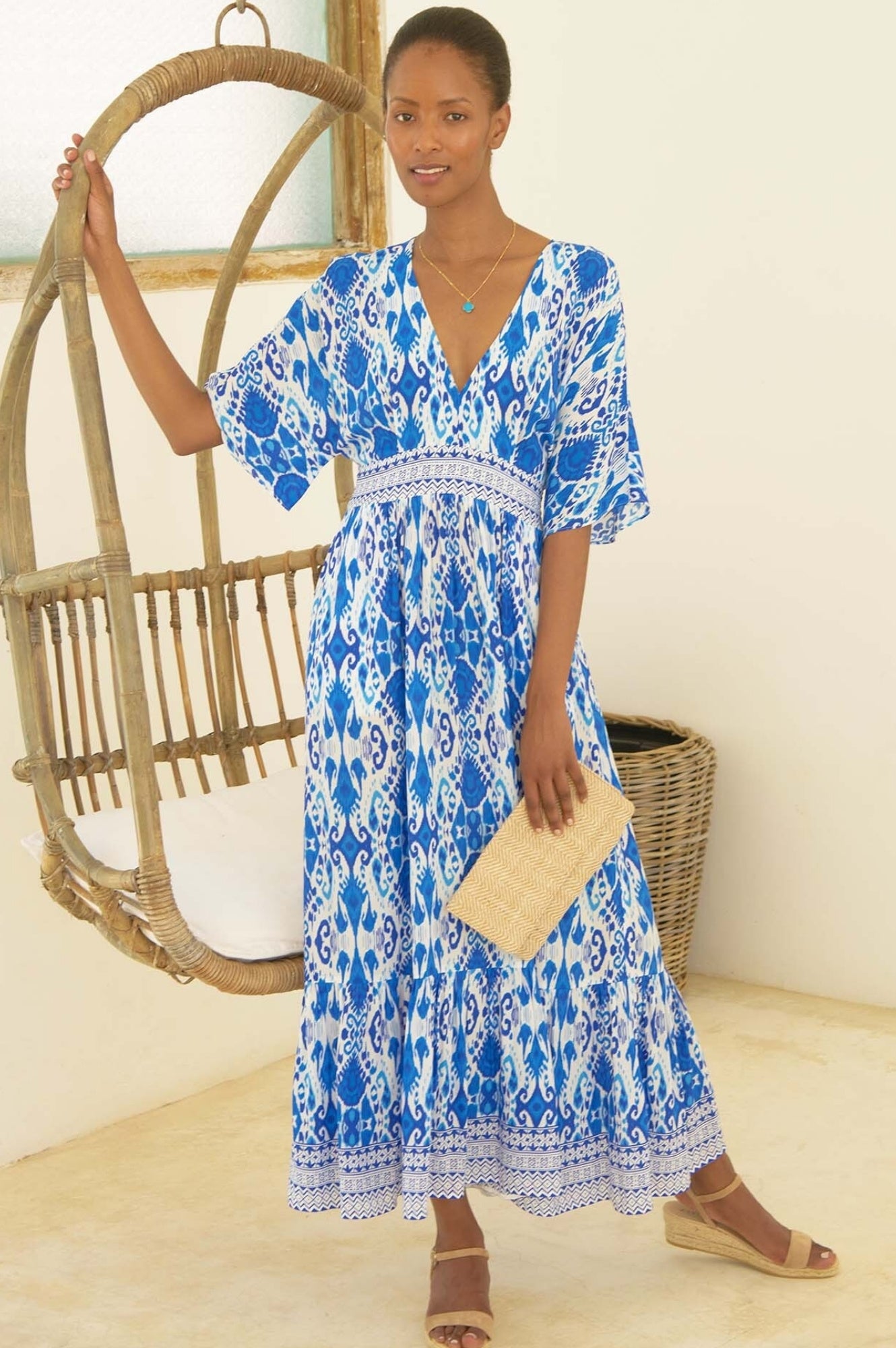 Lena EcoVero™ Sustainable Women's Dress - Blue and White Ikat Print | Perfect for Summer Outfits, Beach Vacations & Casual Wear