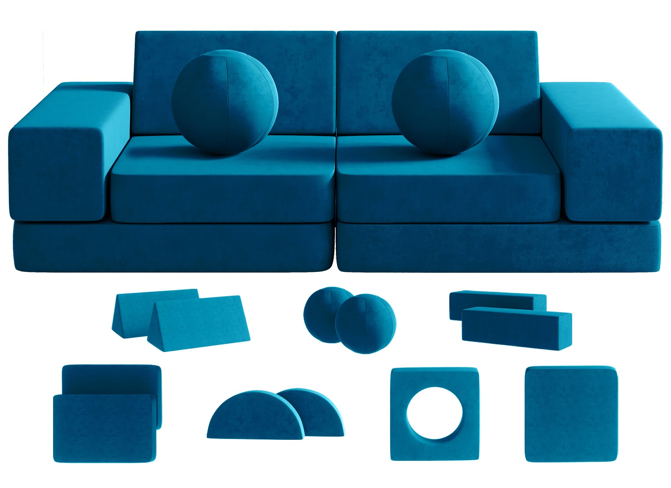 **12PCS Modular Kids Play Couch with 2 Balls & Tunnel – Foldable Toddler Sofa for Playroom, Kickball, Pitching & 30+ Creative Games – Indoor/Outdoor Fun (Blue)**    *(Use Cases: Perfect for playrooms, birthday parties, indoor forts, outdoor picnics, and imaginative play!)*