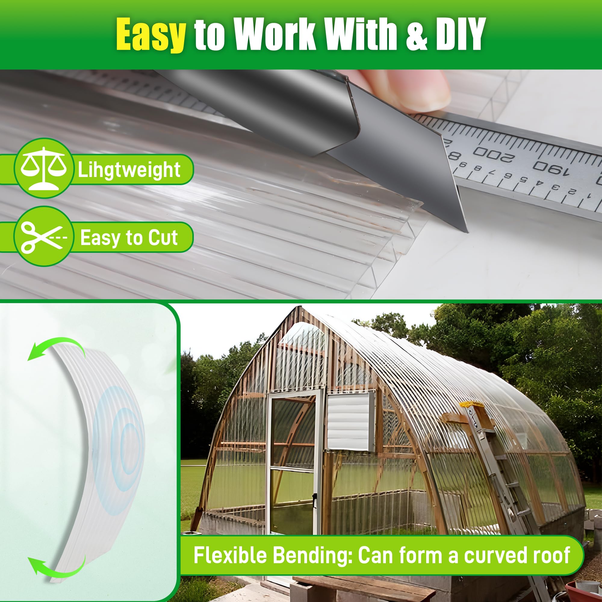 8 Pack 4' x 2' x 0.24'' Twin-Wall Polycarbonate Greenhouse Panels - Clear All-Weather Roof Replacement Sheets for Gardening, Sheds & DIY Projects