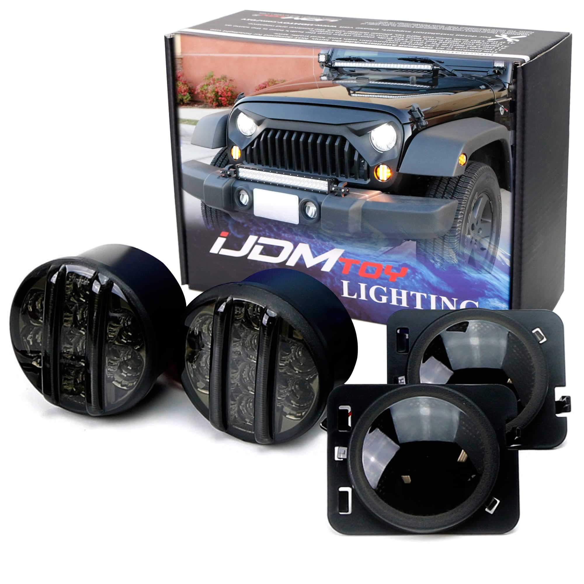 iJDMTOY Smoked Lens LED Daytime Running Lights (DRL) & Turn Signal Lamps with Fender Flare LED Side Markers Combo Kit - Compatible with 2007-2017 Jeep Wrangler JK - Upgrade for Off-Road & Night Driving Safety