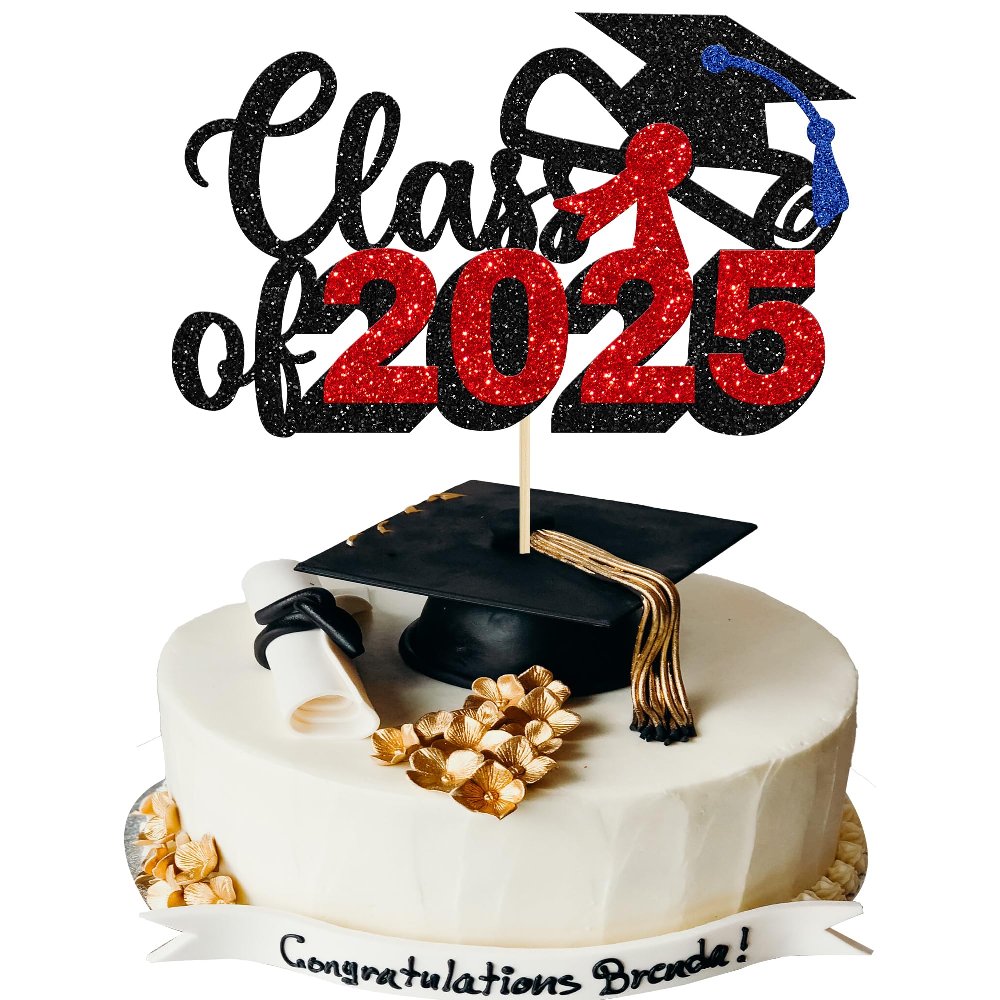 1 Pack Class of 2025 Graduation Cake Topper - Red Glitter Diploma & Cap Cake Picks for 2025 Graduation Party Decorations | Perfect for Graduation Cakes, Cupcakes, and Dessert Tables