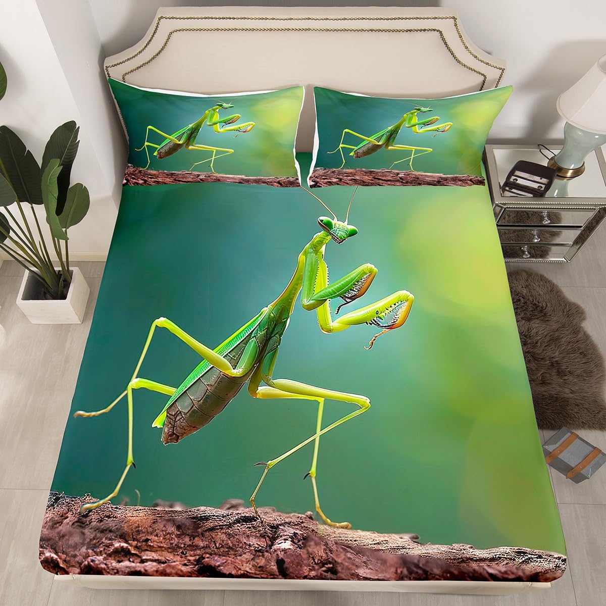 Green Praying Mantis Insect Theme Microfiber Bedding Set - Twin Size Fitted Sheet & Pillowcase (2pc) for Kids, Boys & Teens | Jungle Safari Room Decor, Nature Themed Bedroom Accessories