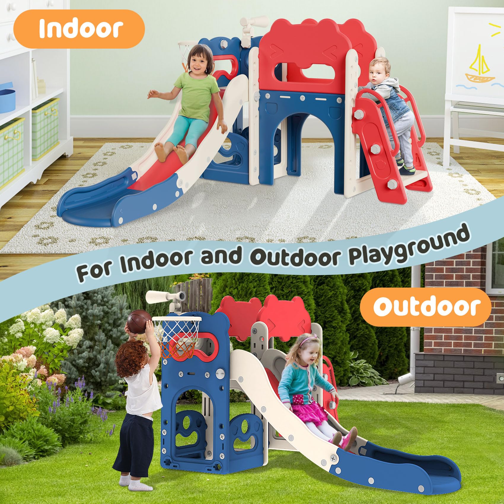 **Babytronic 7-in-1 Toddler Slide & Playset for Kids Ages 1-3 – Indoor & Outdoor Slide with Basketball Hoop & Telescope – Blue & Red – Perfect for Playrooms, Backyards, and Daycares**