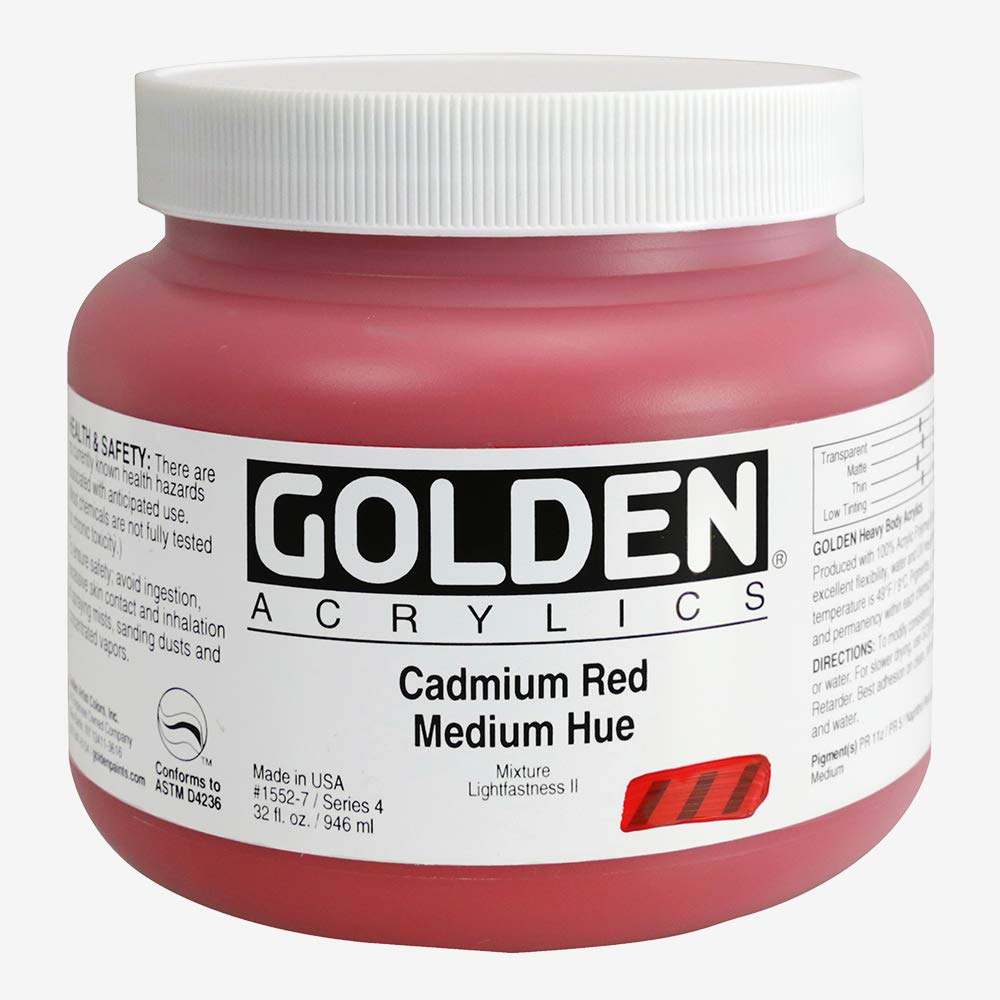 GOLDEN Heavy Body Acrylic Paint - Cadmium Red Medium Hue (32 fl oz Jar) - Professional Semi-Transparent Artist Paint for Canvas, Murals & Mixed Media Art Projects