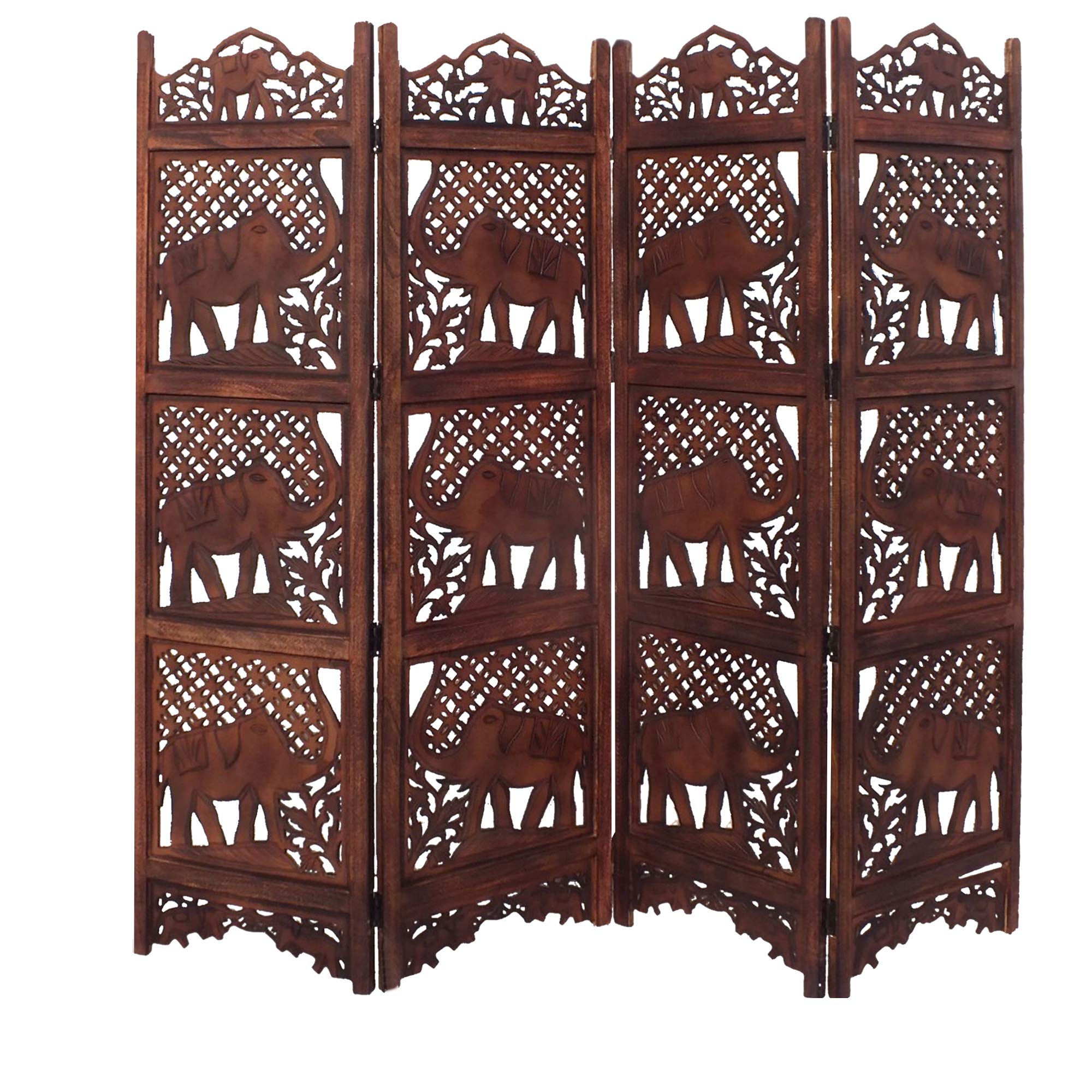 Hand Carved Elephant Design Foldable 4-Panel Wooden Room Divider - Brown Wood Partition Screen for Living Room, Bedroom & Office Decor | BM34823 by Benzara