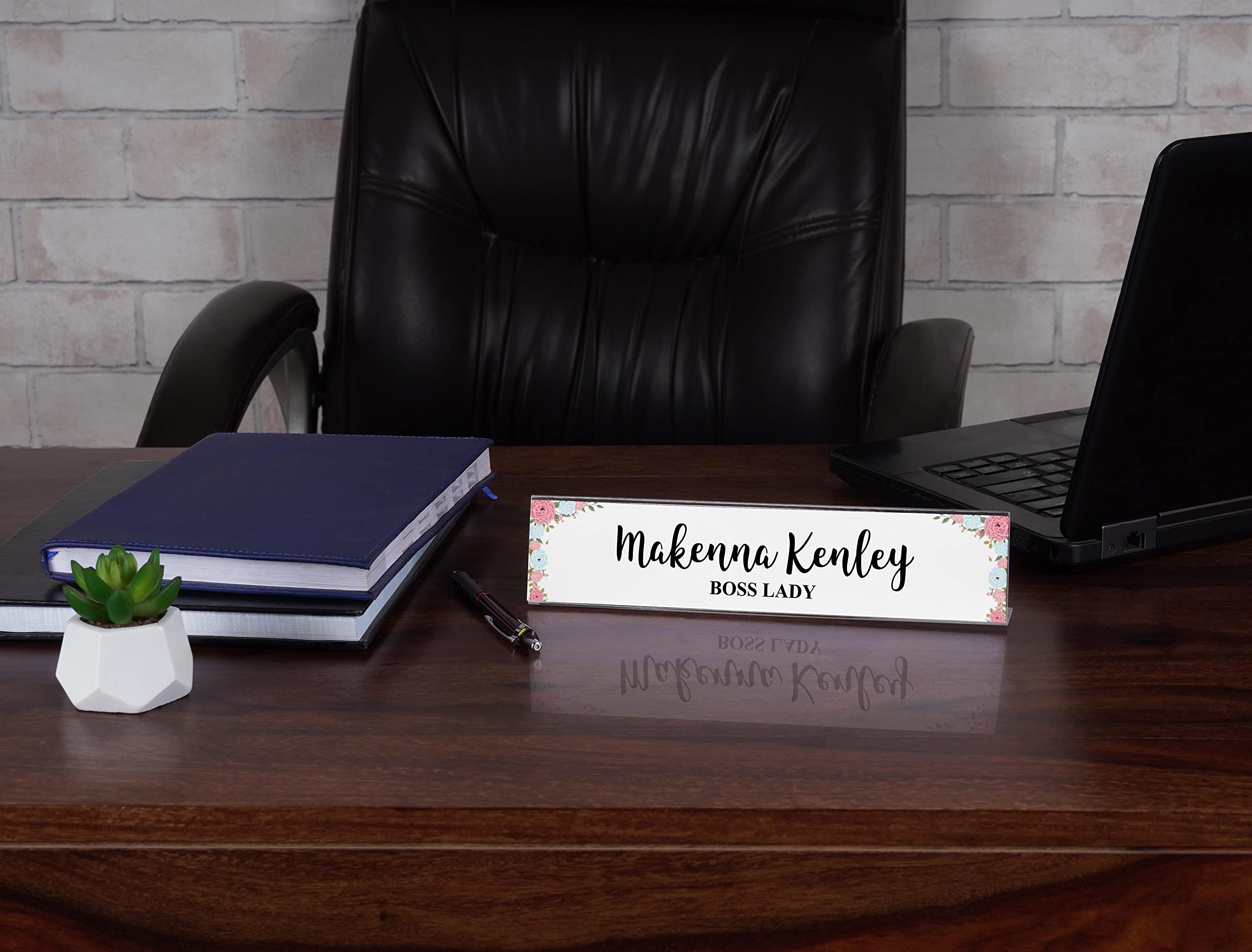 Custom Acrylic Desk Name Plate - Personalized Office Name Sign with Floral Design (2x10 Inches) | Perfect for Workstations, Reception Desks & Home Offices