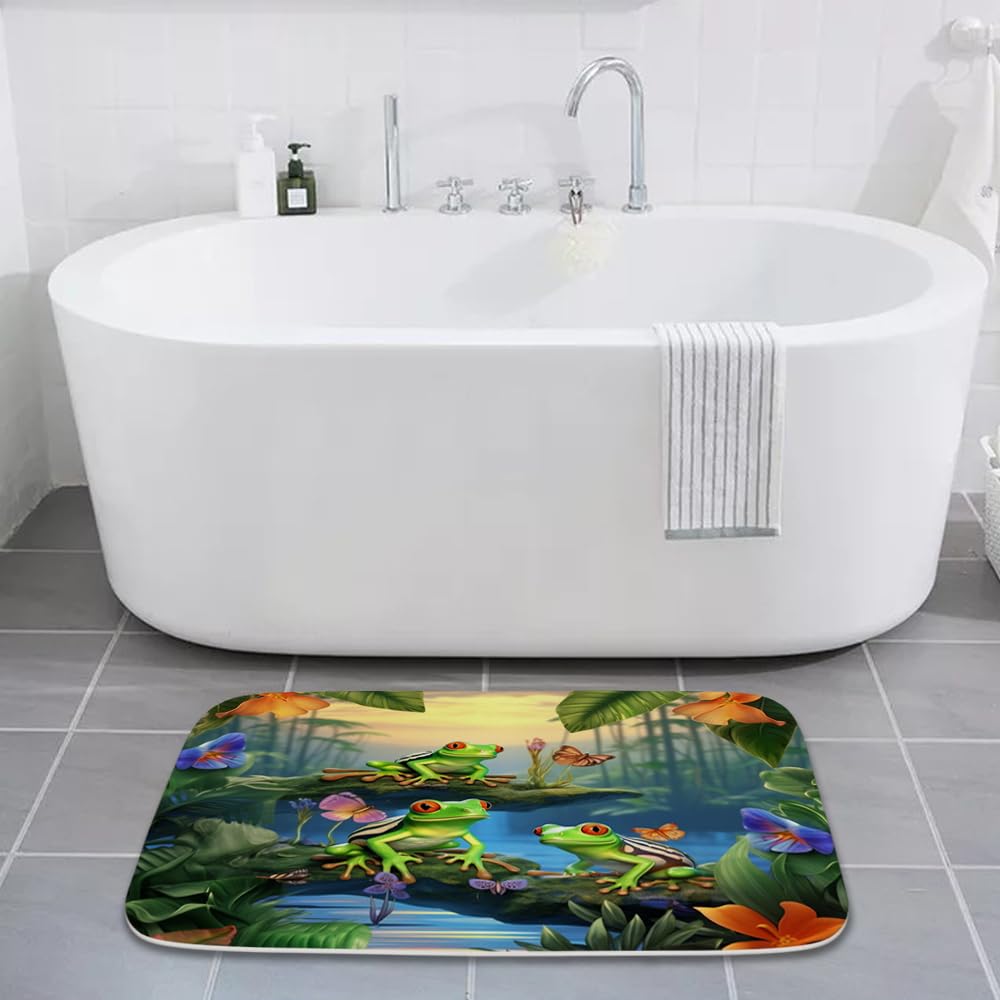 Non-Slip Cartoon Tropical Jungle Tree Frog Butterfly Bath Mat - 17x24 Inch Super Soft Imitation Cashmere Bathroom Rug with Rubber Backing, Absorbent Kitchen Floor Carpet for Kids & Adults - Perfect for Bathroom Decor, Shower Mats, and Bedroom Door Mats