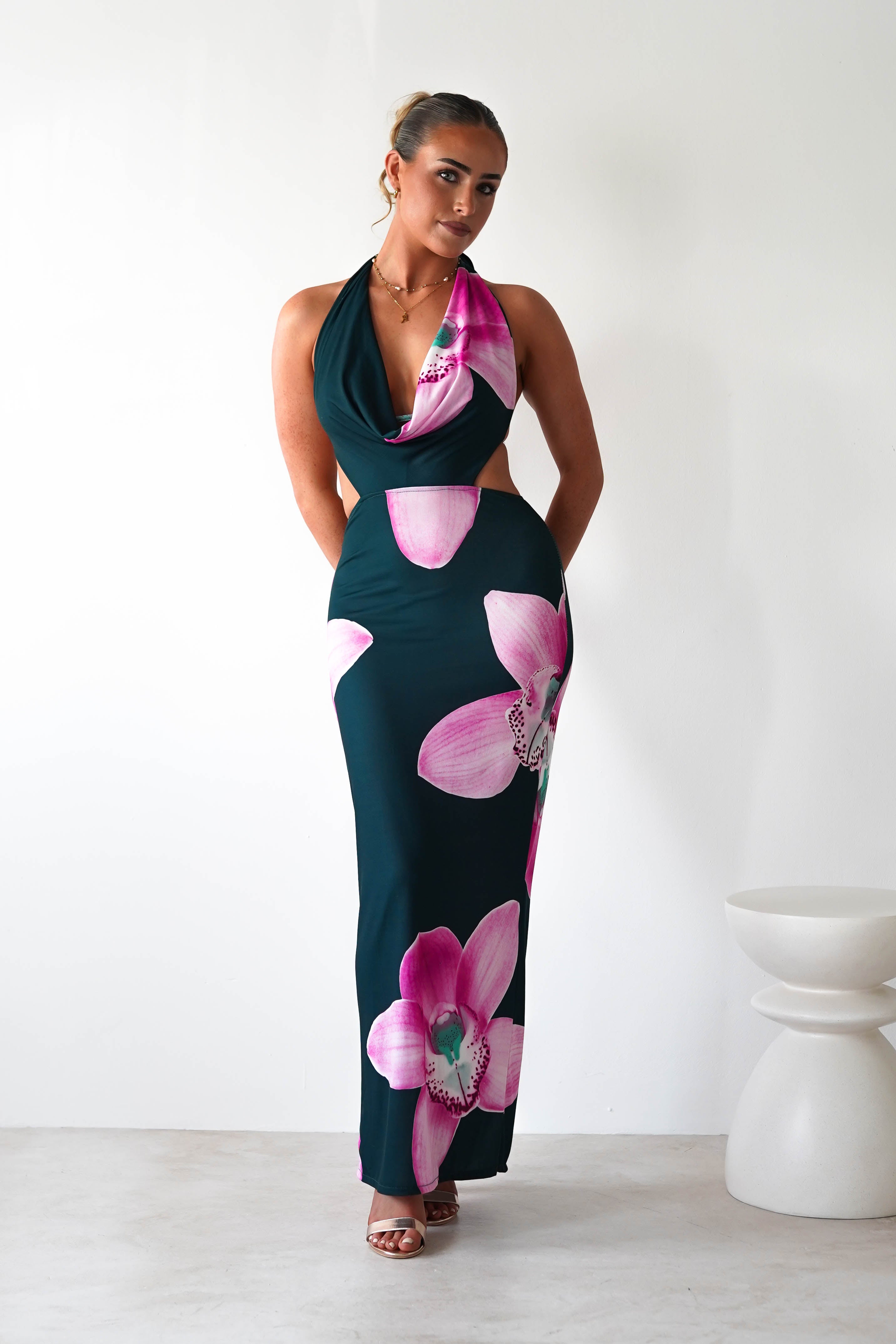 Zinnia Cut Out Bodycon Maxi Dress - Green Floral Print Women's Party Dress for Night Out, Club, Date Night