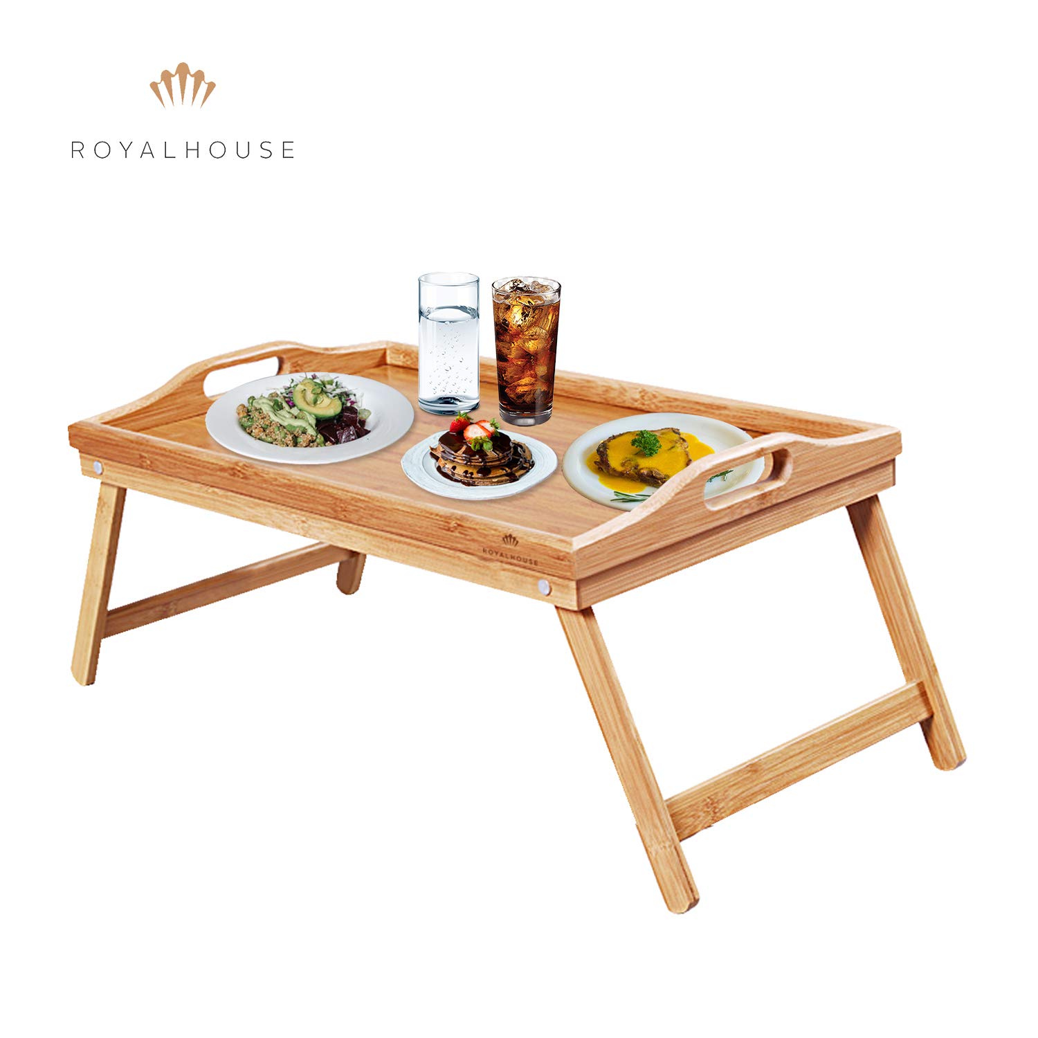 RoyalHouse Premium Bamboo Bed Tray with Folding Legs - Portable Breakfast Lap Tray for Eating, Working & Reading in Bed - Perfect for Home, Office & Travel Use