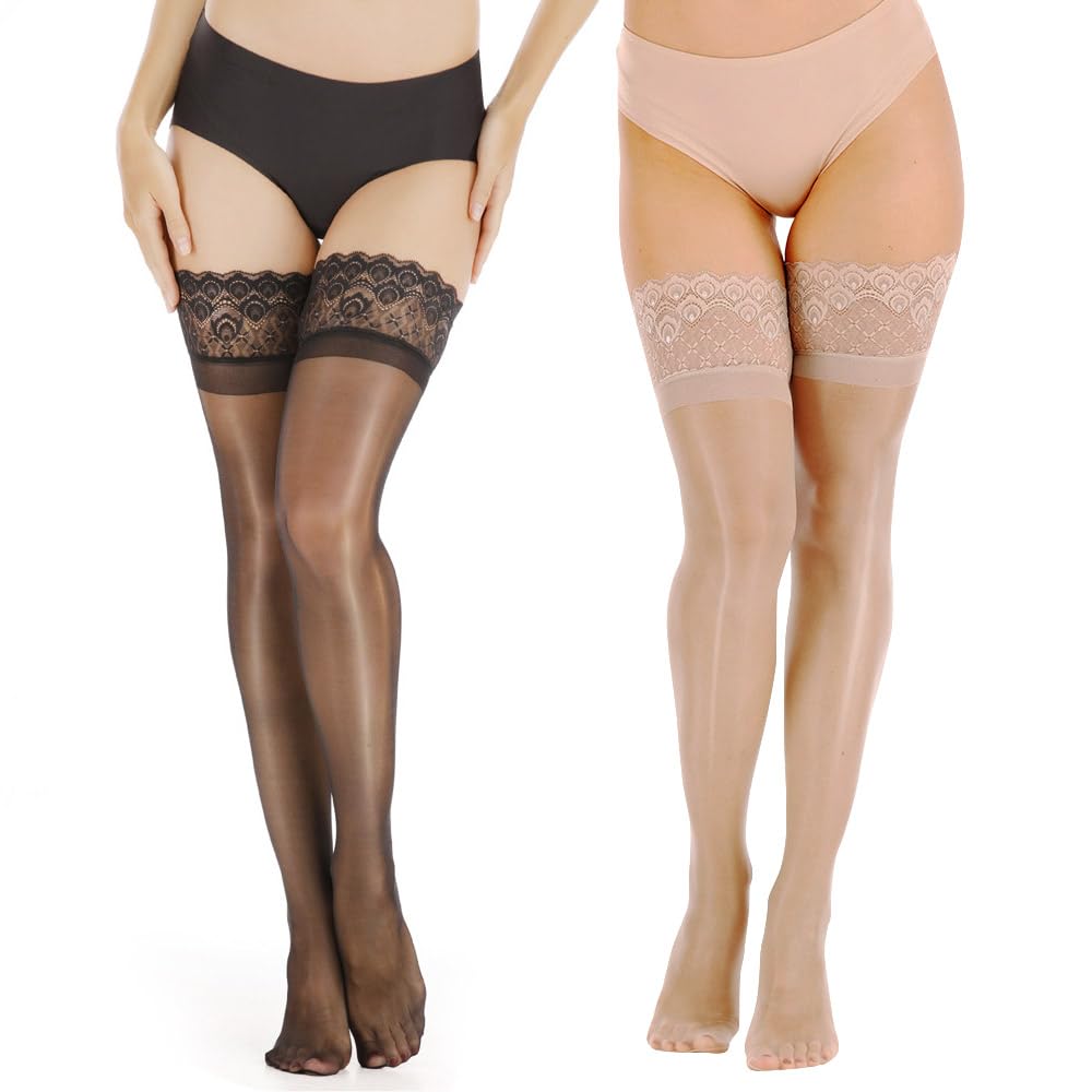 ARRUSA Nylon Shiny Thigh High Stockings for Women - Ultra Shimmery Lace Top & Silicone Band Stay-Up Tights - Perfect for Lingerie, Cosplay, Date Nights & Special Occasions
