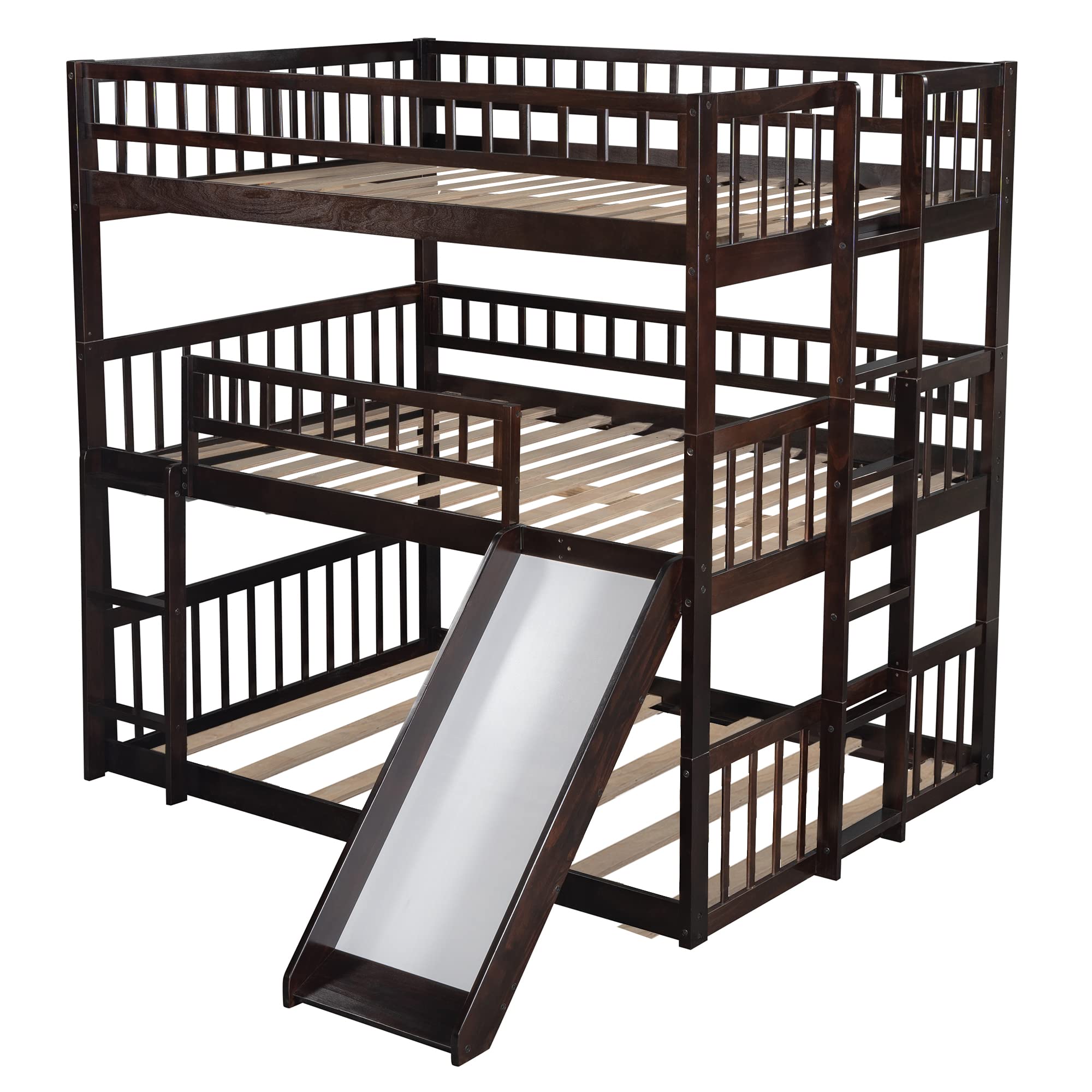 Triple Bunk Bed with Slide - Full Over Full Over Full Convertible Bunk Bed for Kids, Teens & Adults in Espresso - Space-Saving Kids' Bedroom Furniture for Small Rooms, Dorms & Shared Spaces