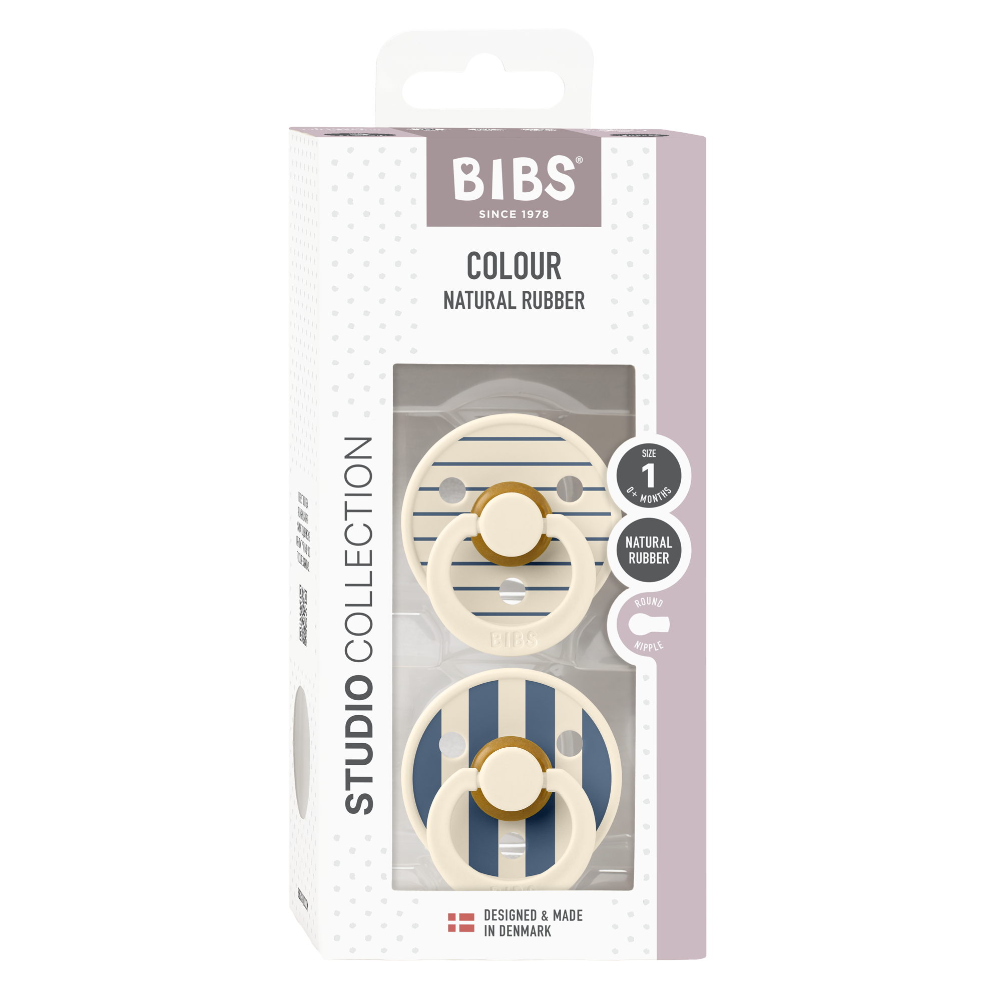 BIBS Studio Collection Round Pacifiers - Twin Pack (Pinstripe) - Soothing Baby Dummies for Newborns & Infants - Perfect for Daycare, Travel & Bedtime Comfort
