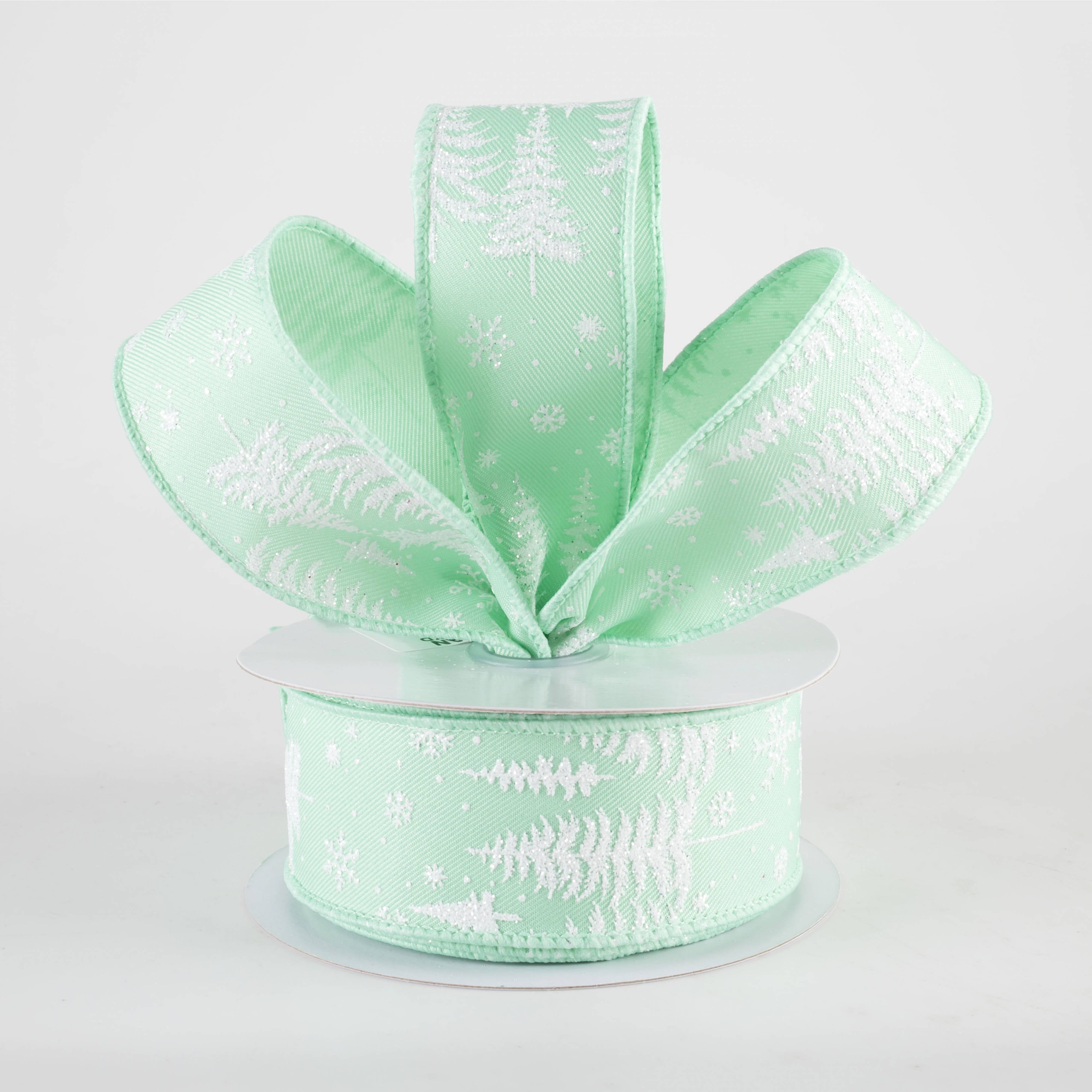 1.5 Inch Pine Trees & Snowflakes Christmas Ribbon - Mint Green Holiday Decoration Ribbon (10 Yards) for Gift Wrapping, Tree Trimming & DIY Crafts