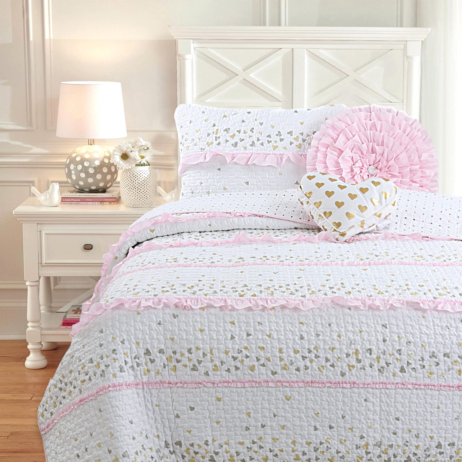 Cozy Line Home Fashions Pink Ruffle Metallic Printed Sweet Heart Polka Dot Reversible Quilt Bedding Set - Twin Size 2-Piece Coverlet & Bedspread | Soft Cotton Girls Bedroom Decor for Kids Room, Dorm, Nursery | Sparkling Hearts Design for Cozy Sleep & Stylish Decor