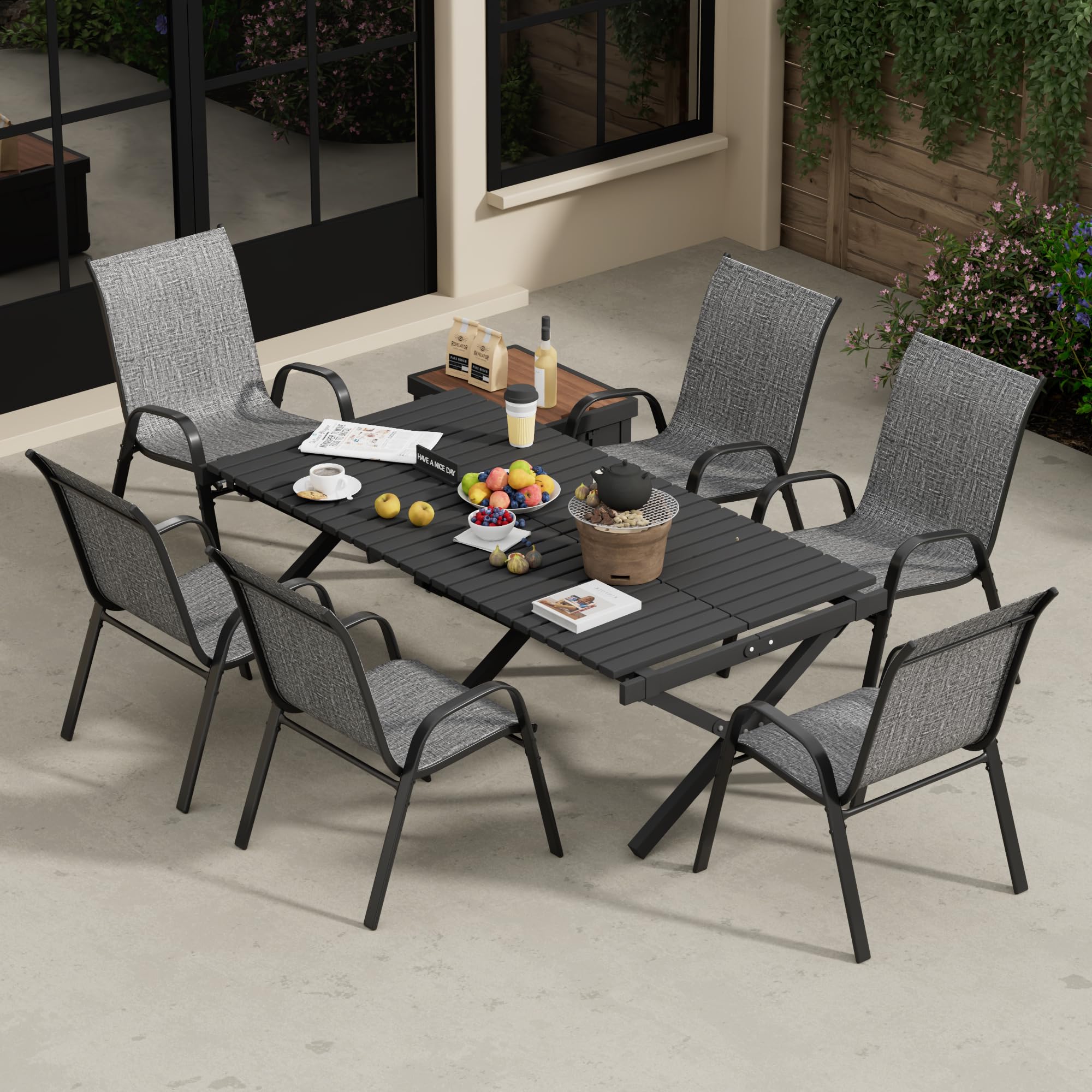6-Piece Patio Chairs Set - Stackable All-Weather Outdoor Dining Chairs - Breathable Backyard Furniture for Deck, Garden & Lawn - Dark Grey - Perfect for Outdoor Entertaining & Relaxation