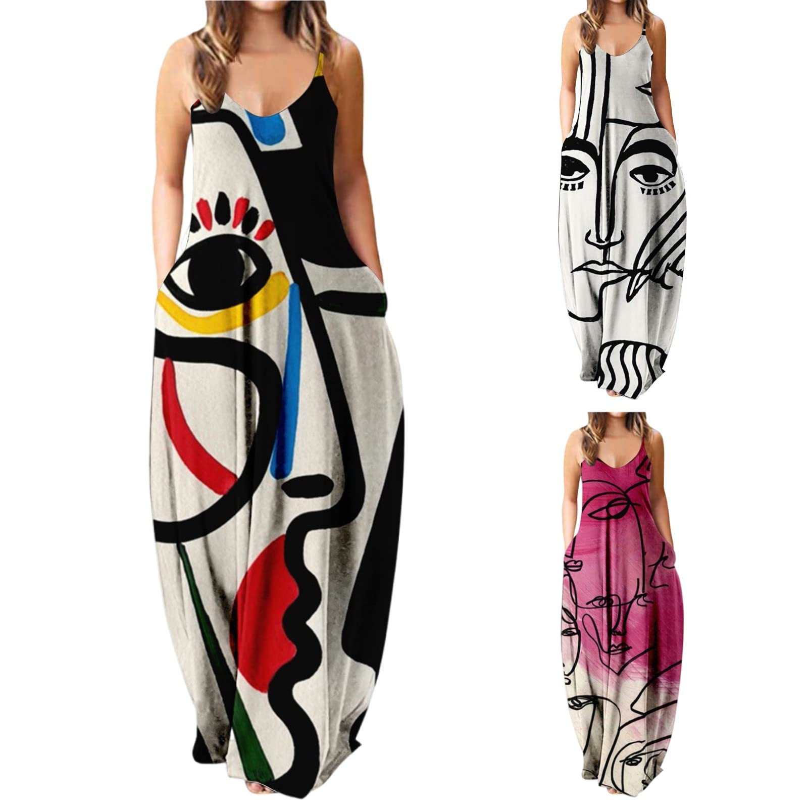 Bidobibo Women's Casual Loose Long Maxi Dress - Crew Neck Sleeveless Spaghetti Strap Plus Size Summer Dress with Pockets | Beach, Vacation & Everyday Wear
