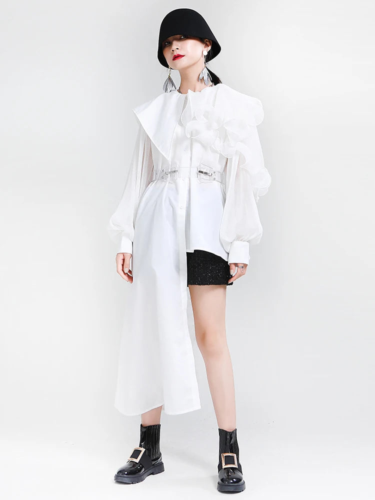 Asymmetrical Patchwork Lace Up Dress for Women - Irregular Collar Lantern Sleeve High Waist Elegant Summer Dress | Perfect for Date Night, Cocktail Parties & Special Occasions