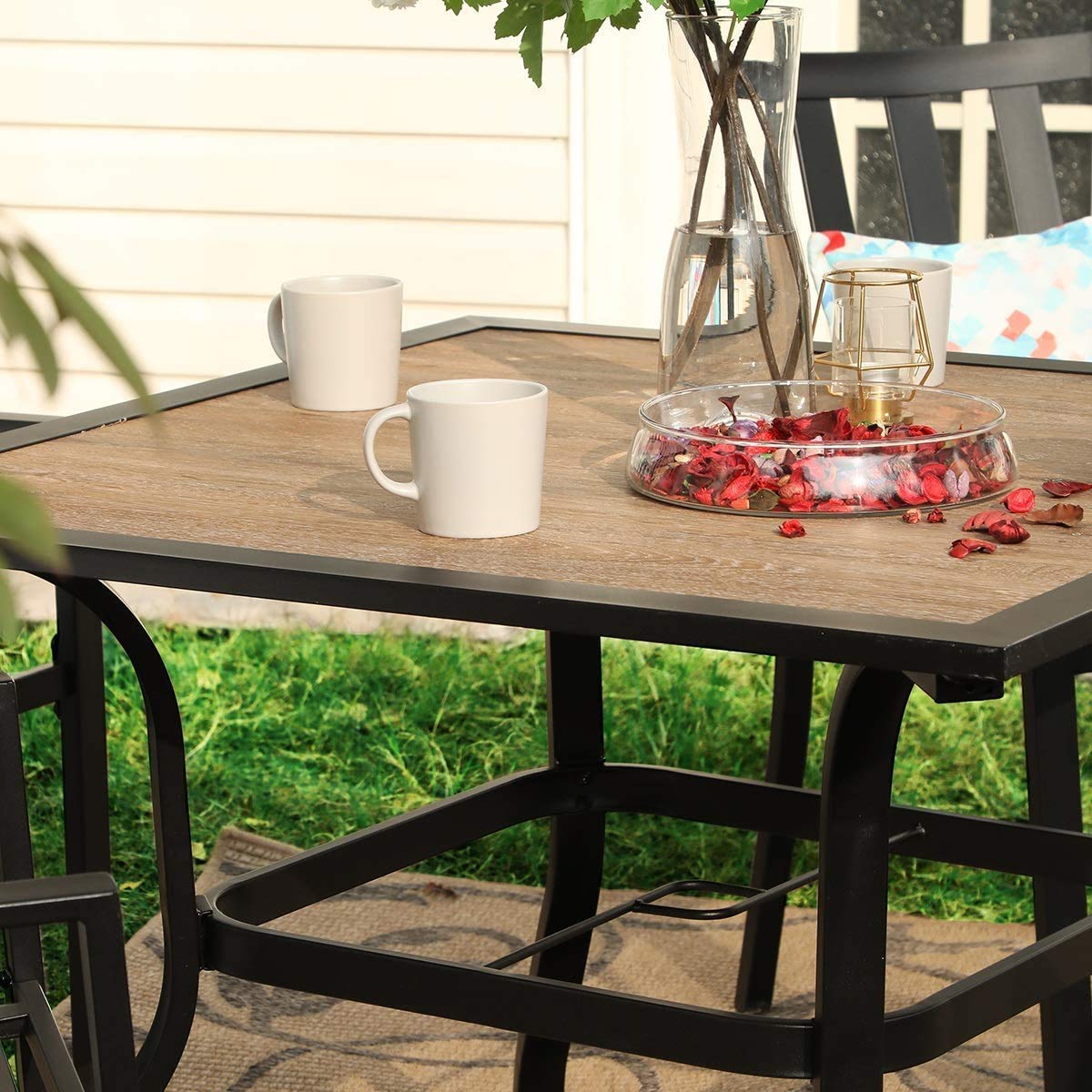 PHI VILLA 5-Piece Outdoor Patio Dining Set with Swivel Chairs & Wood-Like Table - Includes Cushions & Umbrella Hole - Perfect for Backyard, Garden, Bistro & Poolside Dining