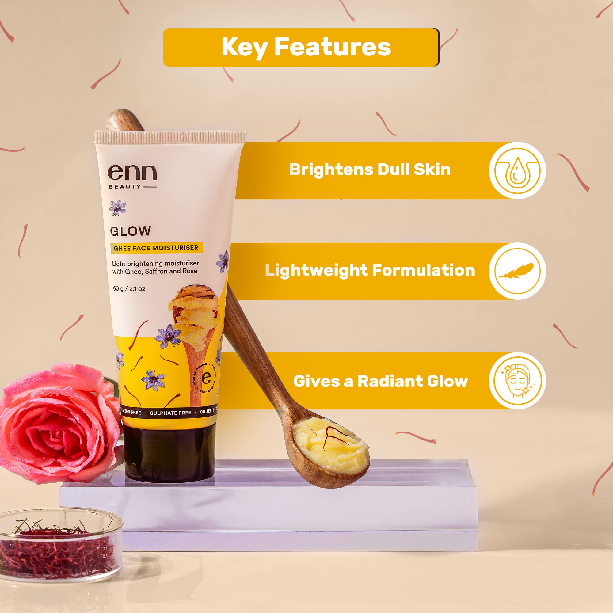 ENN Glow Ghee Face Moisturizer - Natural Extract for Glowing, Hydrated Skin | Lightweight Cream for Dry, Damaged & Uneven Skin Tone | 60g | Perfect for Daily Skincare Routine & Nighttime Hydration