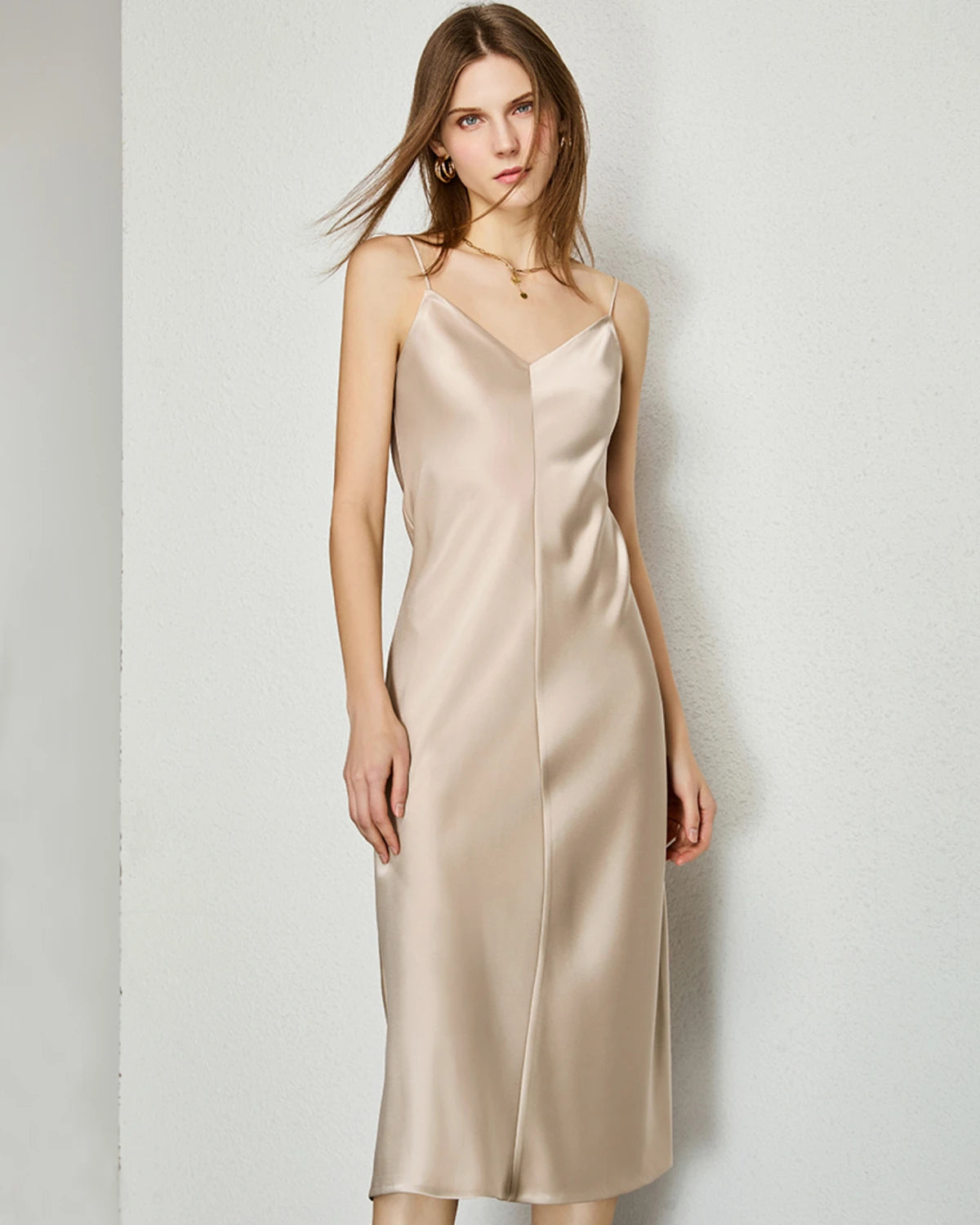 Elegant V-Neck Silk Slip Midi Dress for Women - Comfortable & Stylish Summer Evening Dress for Date Night, Wedding Guest or Cocktail Party