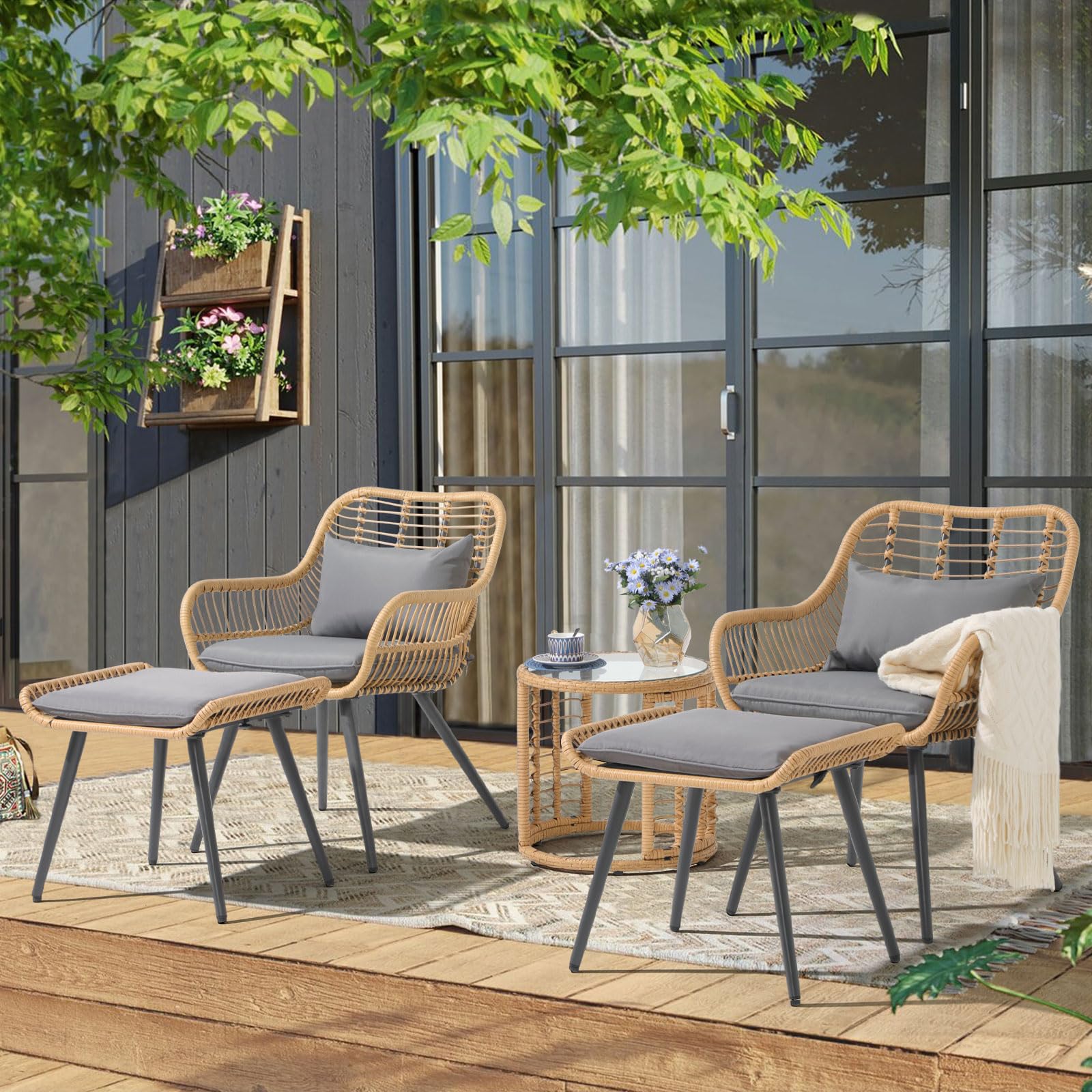 JOIVI 5-Piece Outdoor Patio Furniture Set - Wicker Rattan Conversation Set with Gray Cushions, 2 Chairs, Ottoman & Round Side Table for Porch, Balcony, Garden, Backyard - Perfect for Relaxing & Entertaining Outdoors
