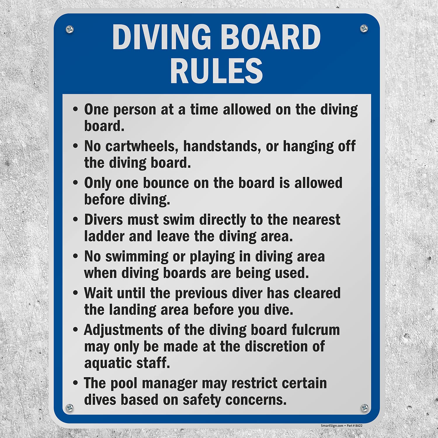 Diving Board Rules Metal Sign - 30x24 Inch, One Person at a Time, No Cartwheels Handstands or Hanging - Rustproof 80 Mil Laminated Aluminum, Blue Black & White - Made in USA - Perfect for Pools, Water Parks & Backyard Safety