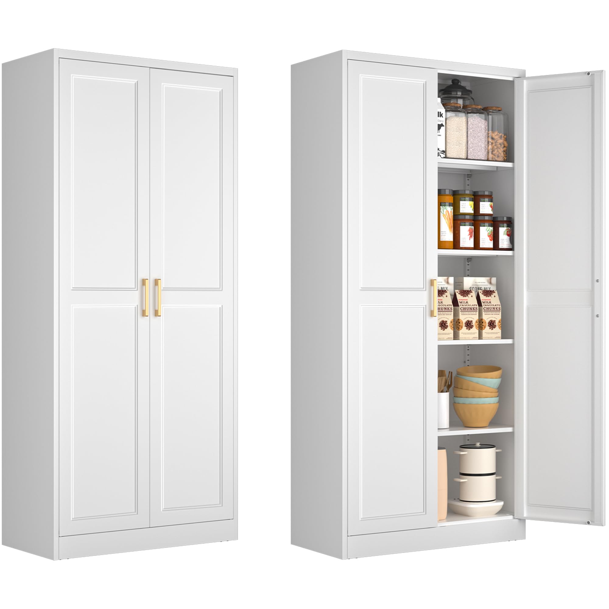 White Kitchen Pantry Cabinet with Adjustable Shelves & Doors - 71