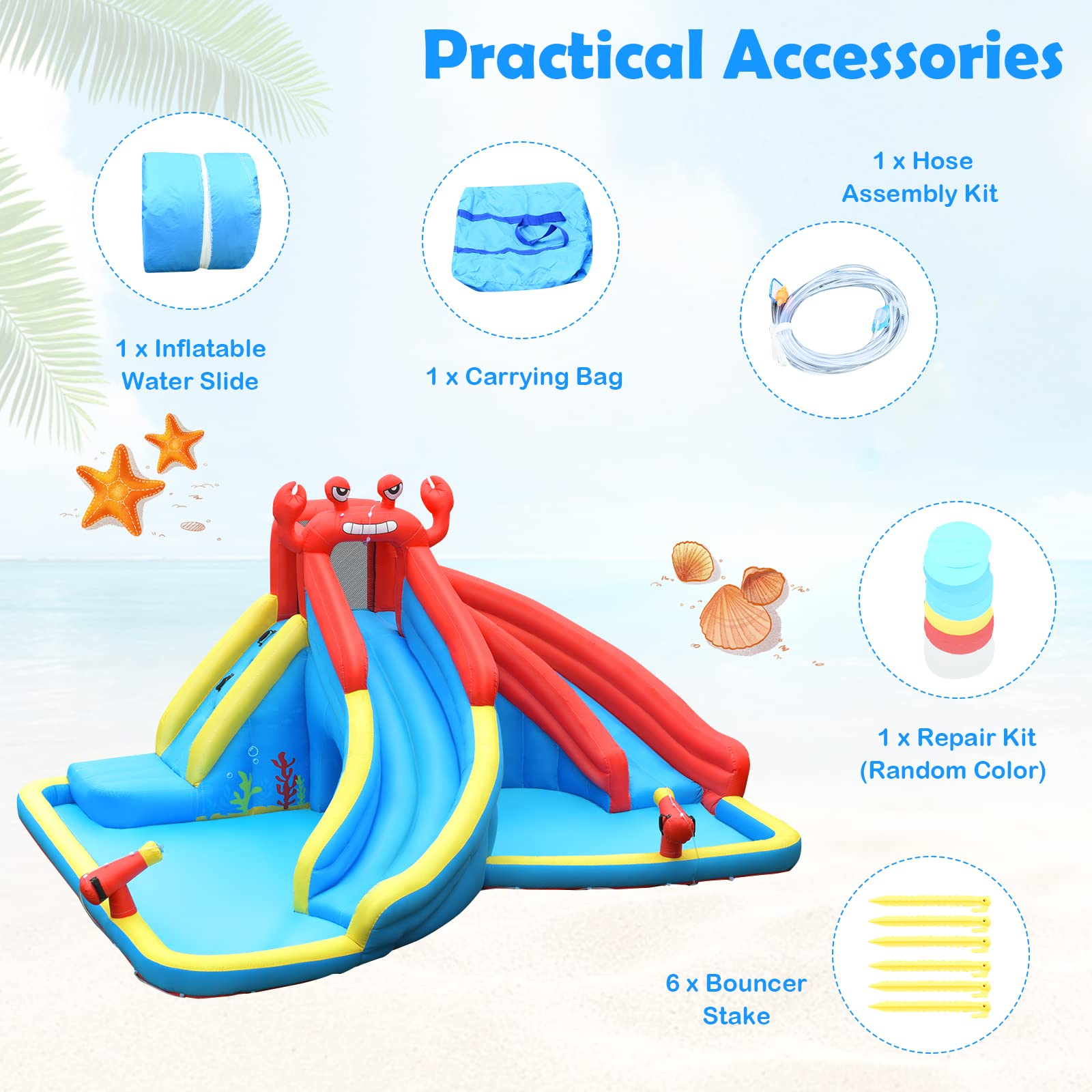 HONEY JOY Inflatable Water Slide with Climbing Wall & 2 Slides - Crab Theme Blow Up Bounce House for Backyard, Outdoor Water Park for Kids & Adults - Perfect for Summer Parties, Birthday Events & Family Fun (Blower Not Included)